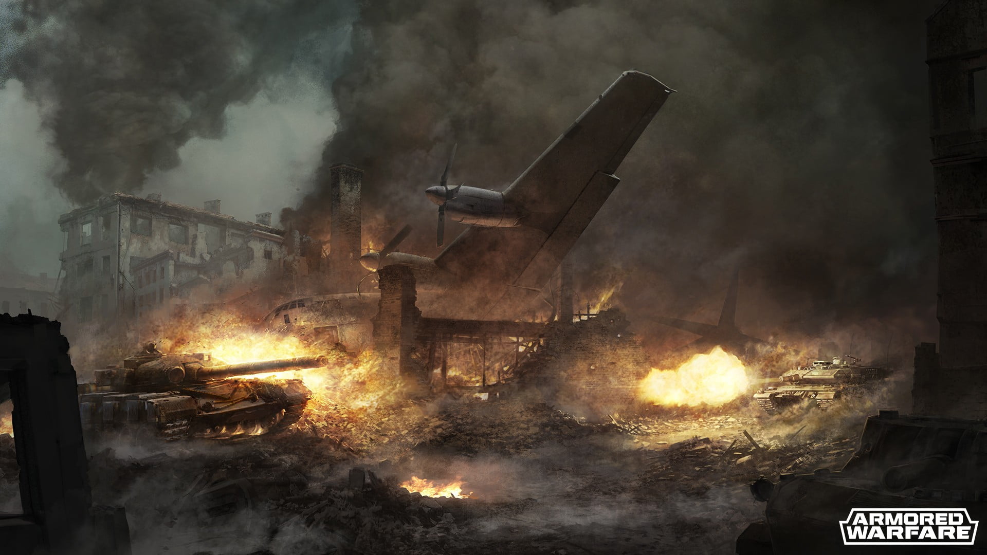 Armored Warfare, outdoors, illuminated, burning, industry, architecture, fire - natural phenomenon, environment, heat - temperature, armored, 1080P, air pollution, HD Wallpaper