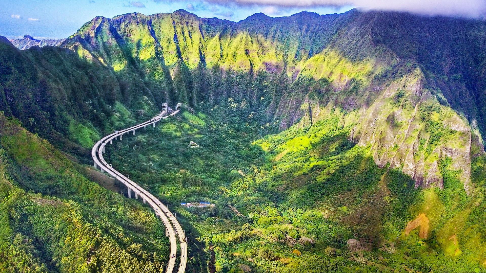 mountain road, nature, environment, growth, cliff, scenics - nature, mountainous landforms, green color, no people, tree, day, 1080P, winding road, nuuanu valley, HD Wallpaper