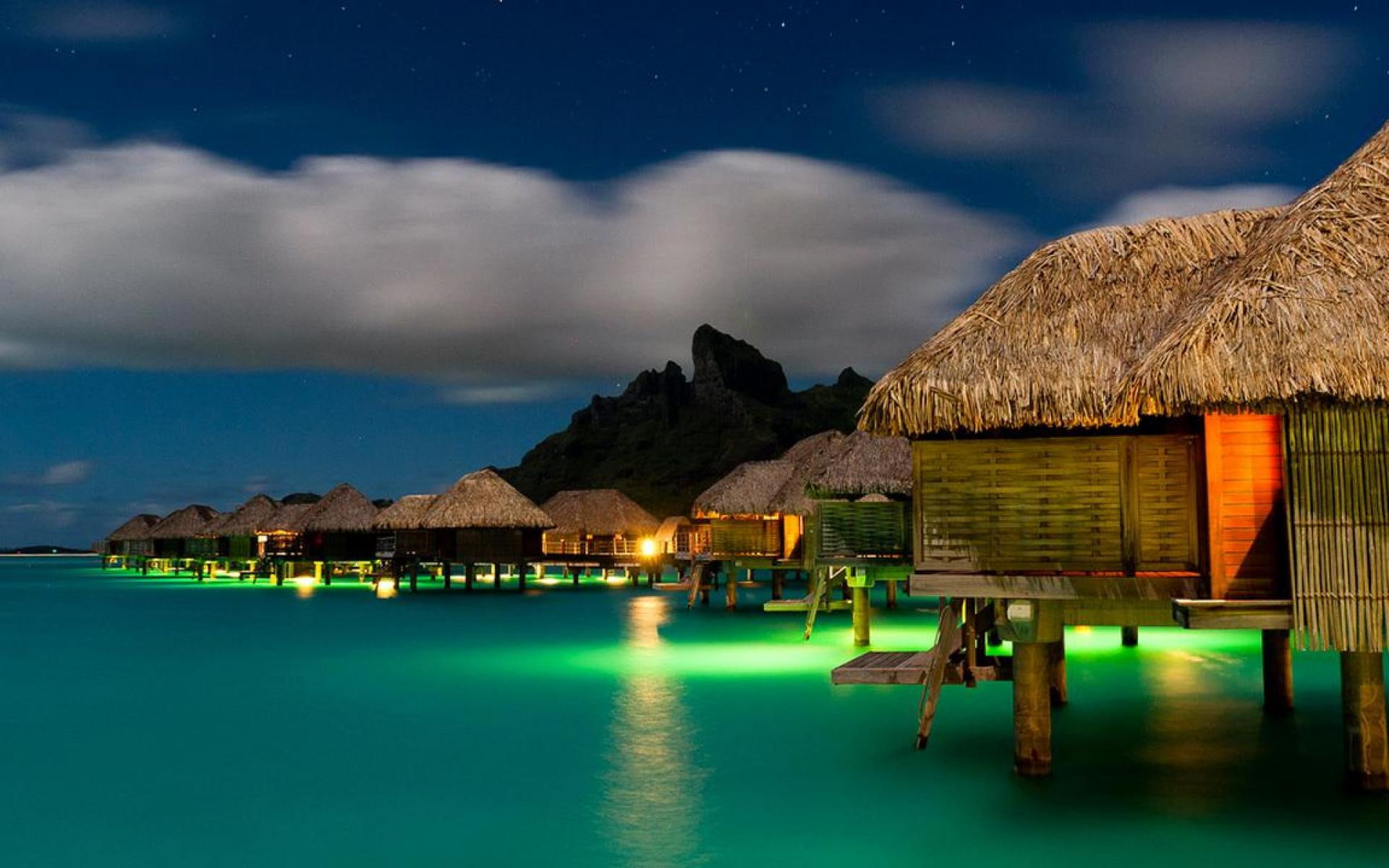 straw, bungalow, houses, hd, island, hawaii, roof, islands, bora, 1080P, stars, sky, night, HD Wallpaper