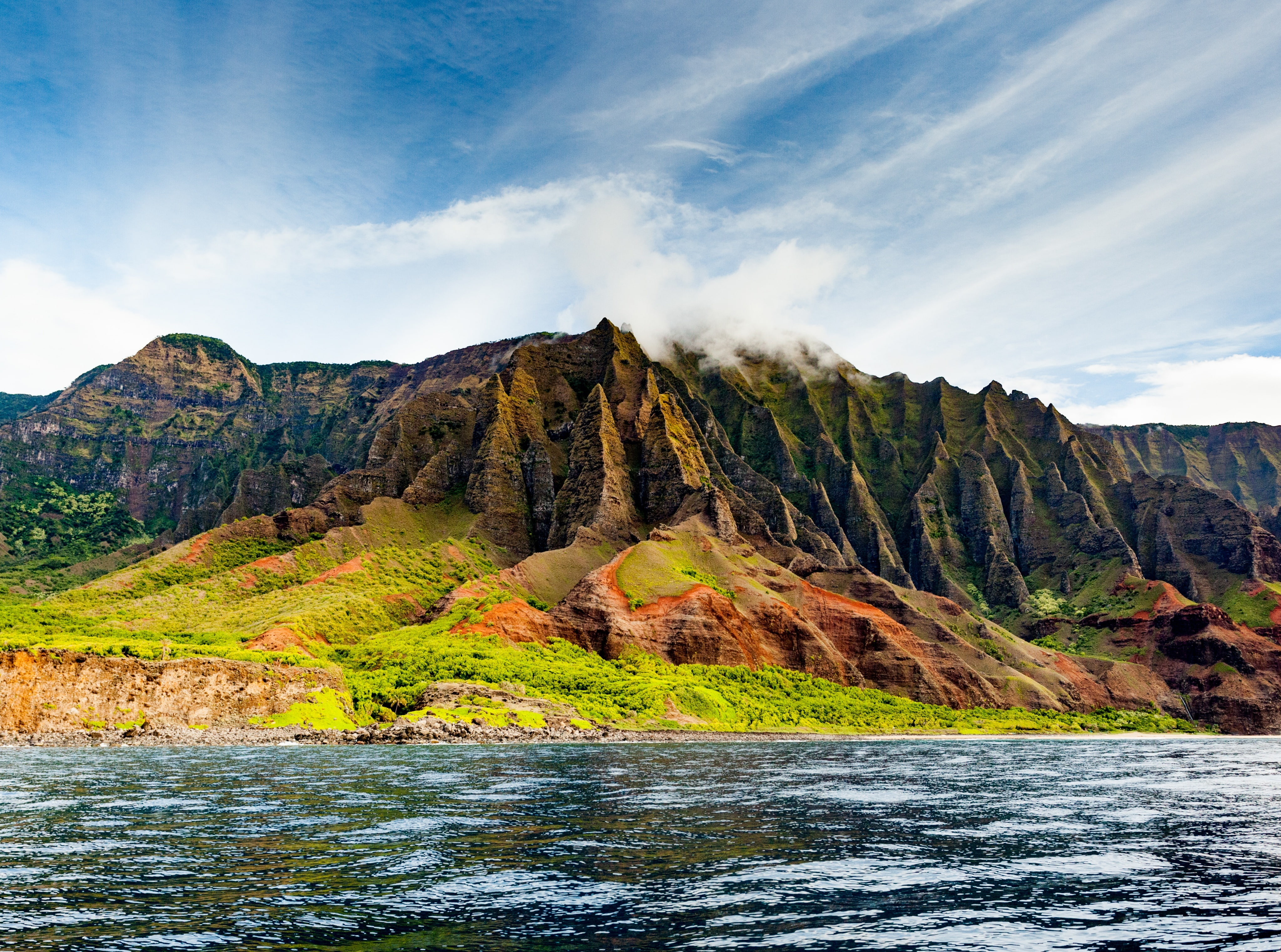 Ocean, 4K, cloud - sky, non-urban scene, Coast, idyllic, Travel, pali, mountain range, water, na, Landscape, waterfront, view, nature, environment, mountain, HD Wallpaper