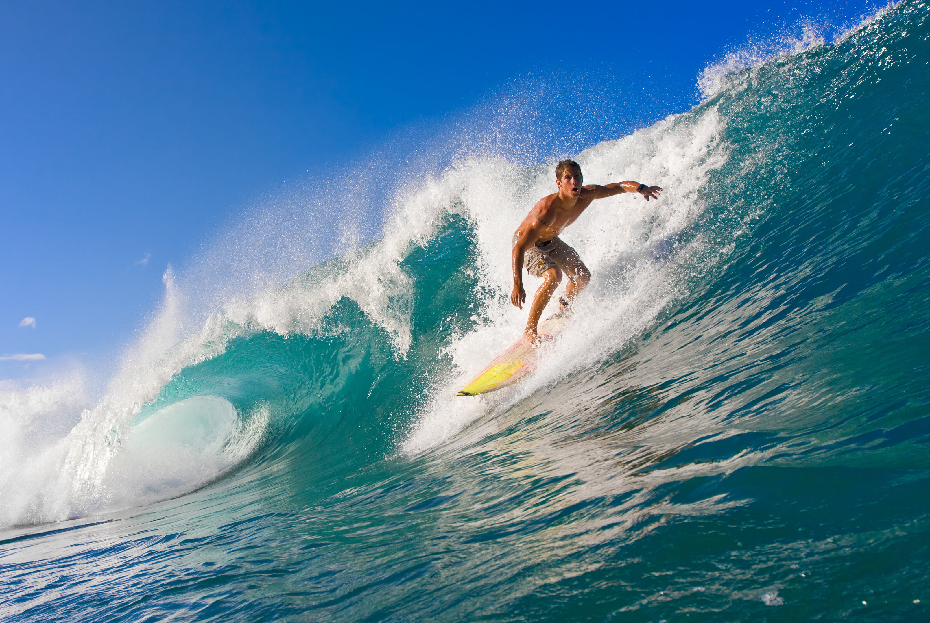 blue, yellow, vacations, day, sport, spray, men, activity, nature, lifestyles, adventure, muscular Build, pipeline Wave, splashing, recreational Pursuit, HD Wallpaper