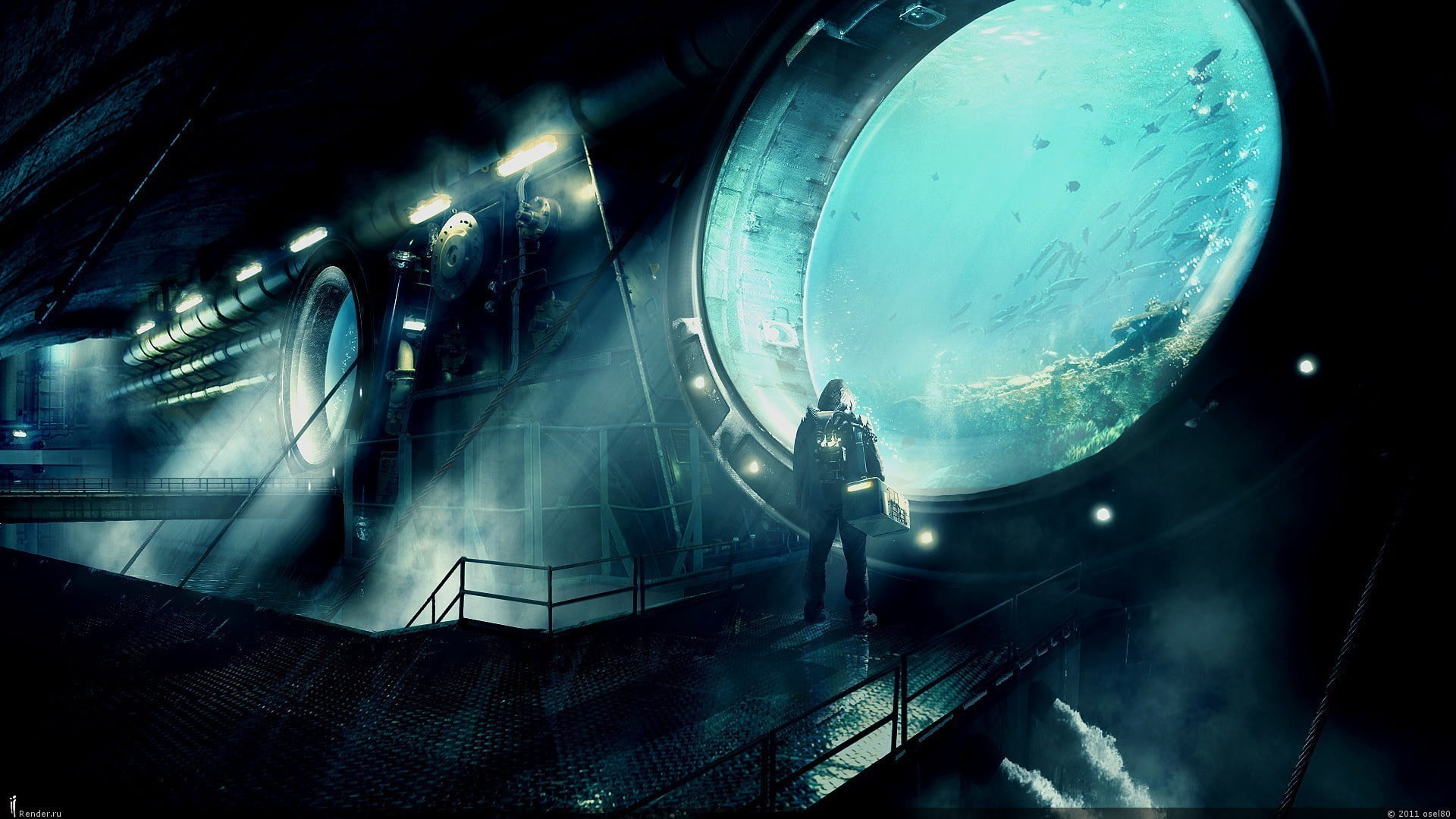 illuminated, architecture, lifestyles, built structure, walking, night, occupation, full length, indoors, two people, futuristic, render, fish, metal, window, HD Wallpaper