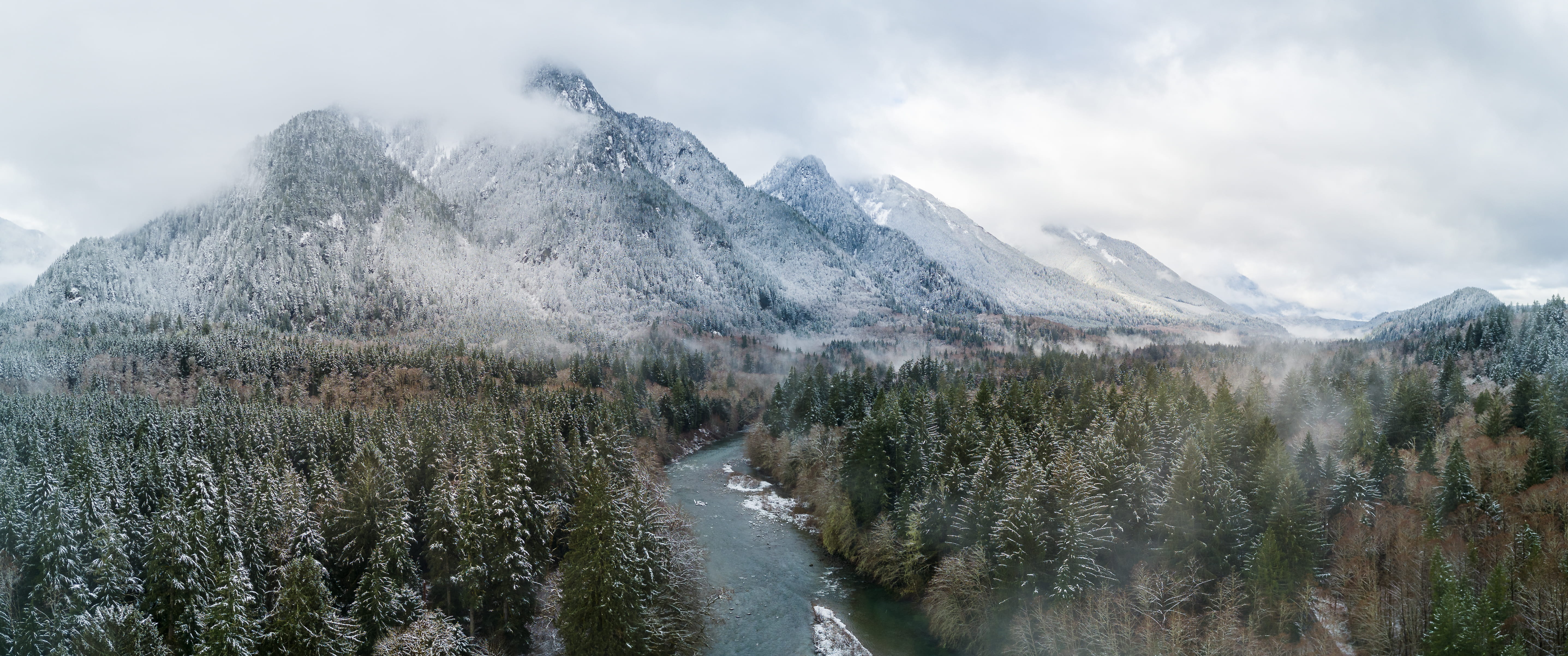 snowcapped mountain, green, mountains, grey, plant, crest, cloud, no people, pine woodland, drone photography, river, mist, united states, cold temperature, HD Wallpaper