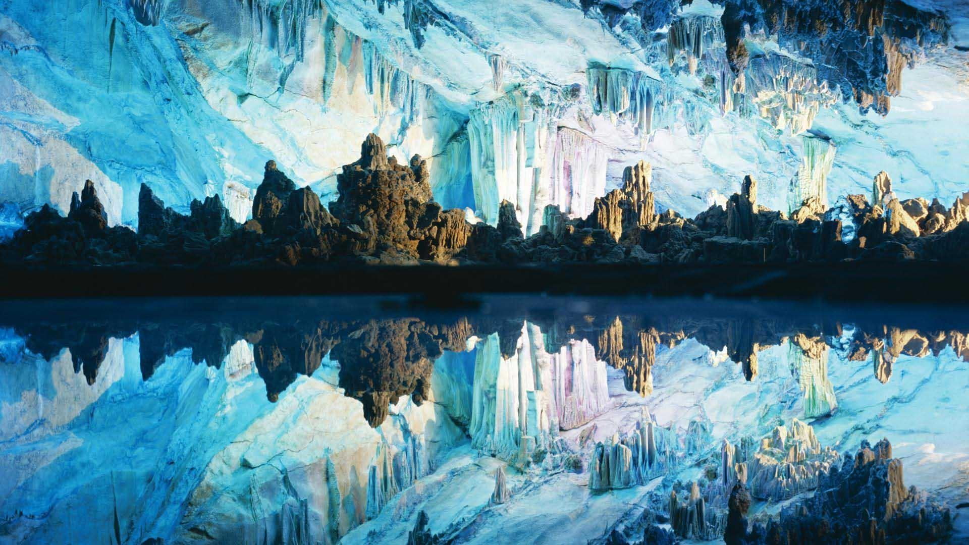 reflected, tranquility, cold temperature, standing water, travel destinations, blue, lake, symmetry, rock, cave, solid, nature, rocks, 1080P, outdoors, HD Wallpaper