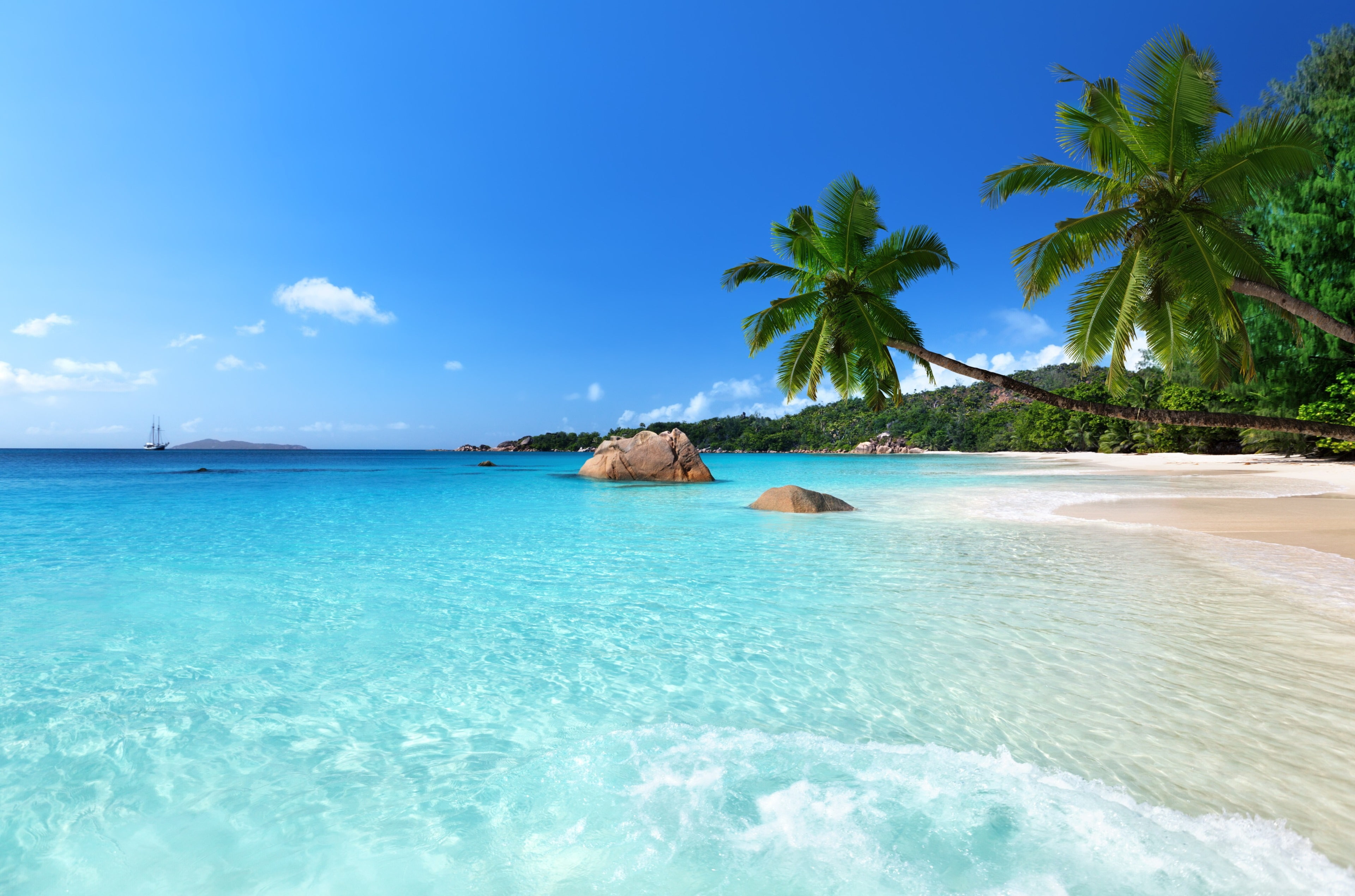 land, horizon over water, 4K, lagoon, anse lazio 4k image for desktop, tranquility, sky, tropical climate, beauty in nature, outdoors, beach, vacations, HD Wallpaper