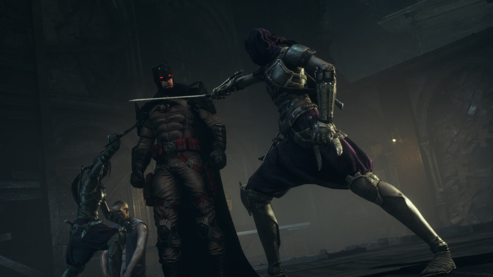 representation, human representation, weapon, night, men, Batman: Arkham Knight, indoors, real people, poster, architecture, Batman, people, uniform, headwear, HD Wallpaper