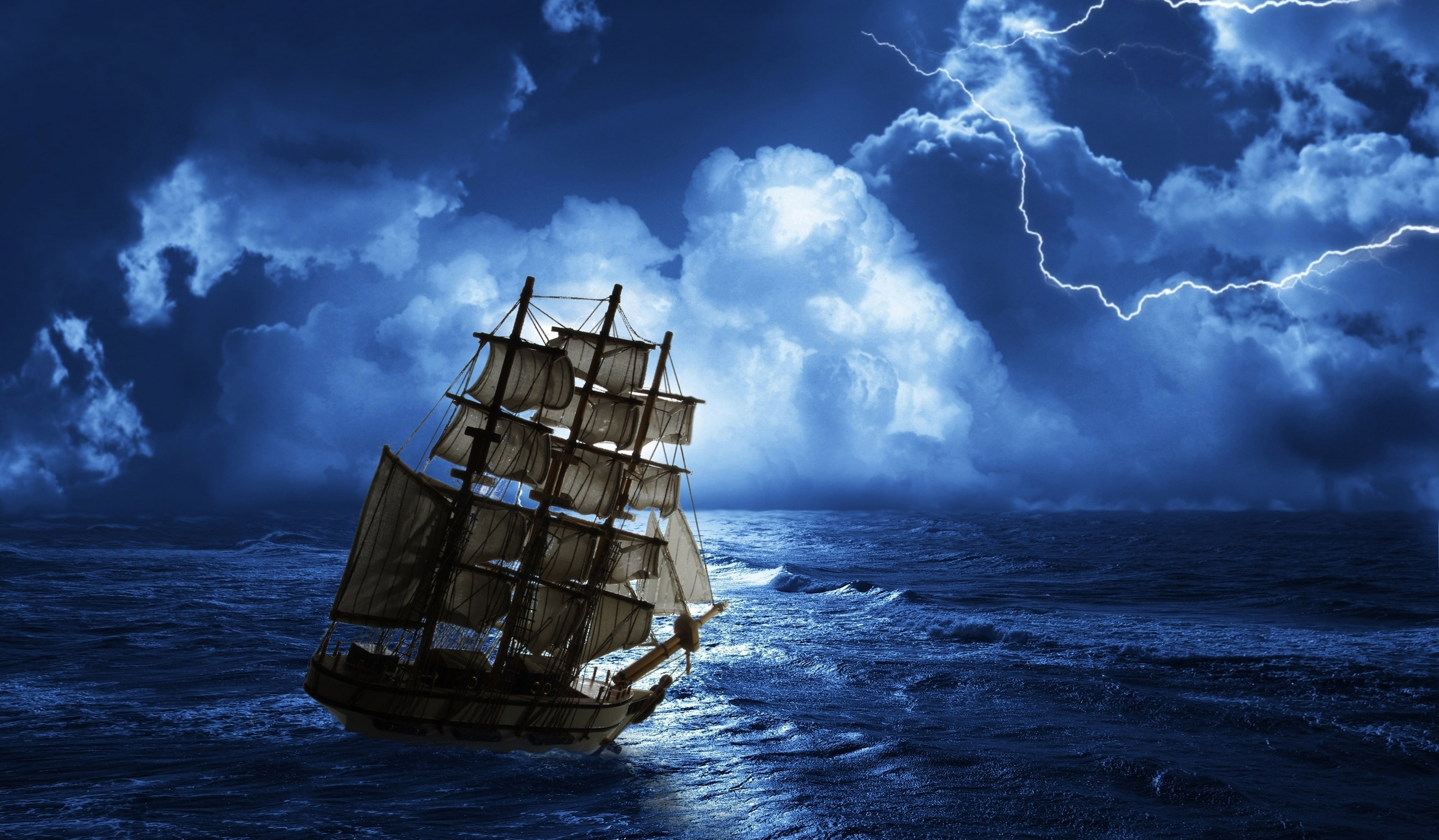 Sea storm, Sailing ship, 4K, Lightning, 4K, Moon lighting, HD Wallpaper