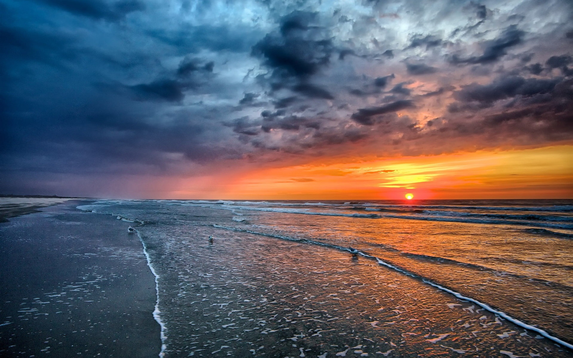 Waves, clouds, Sunset, nimbus, Birds, Sea, Coast, 1080P, Beach, HD Wallpaper