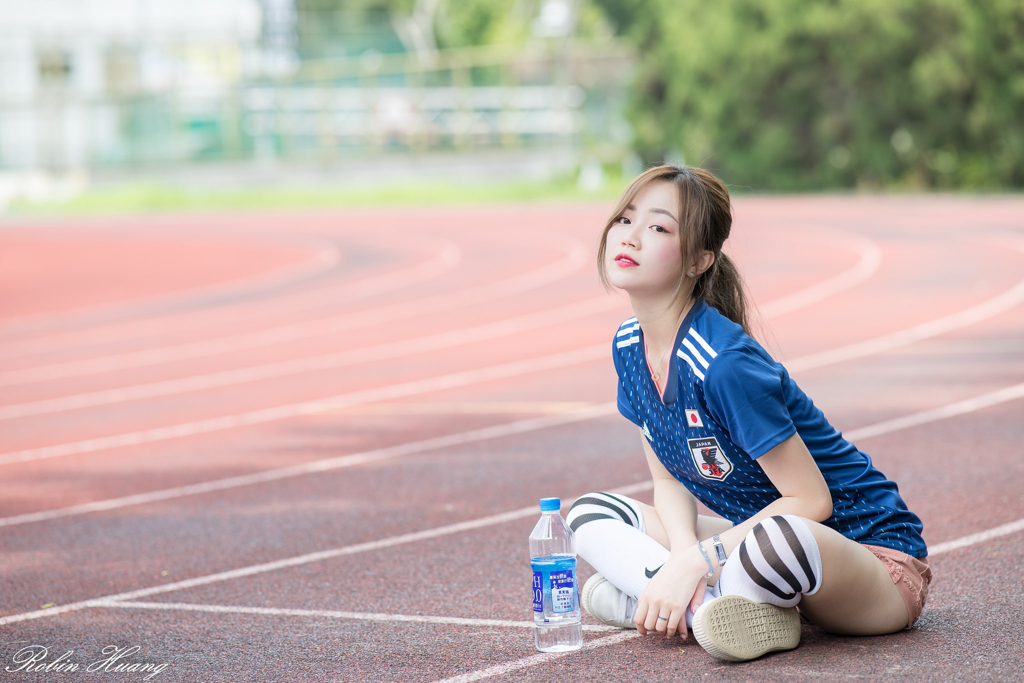 women, depth of field, beautiful woman, clothing, looking at viewer, outdoors, brunette, one person, knee-highs, track and field, hairstyle, young adult, HD Wallpaper