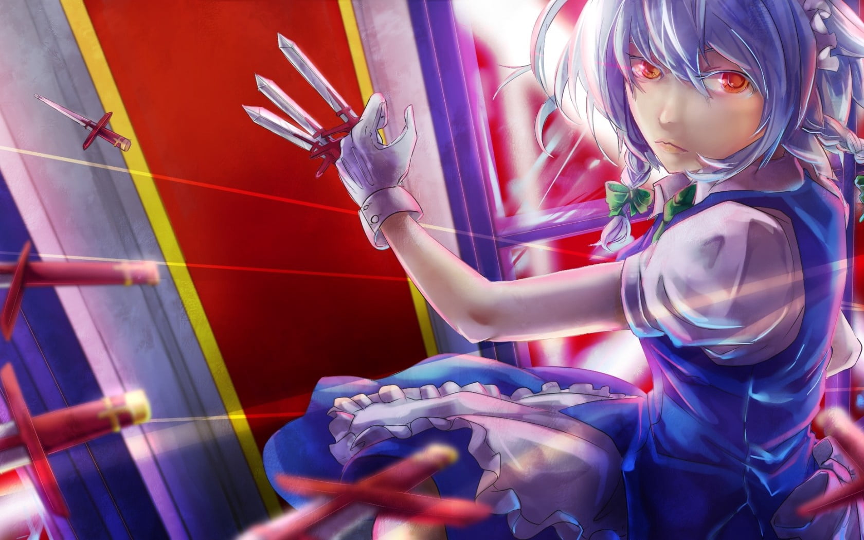 wallpaer, character, cute, izayoi sakuya, guns, front view, 23 ichiya, blue, girls, casual clothing, innocence, holding, art, leisure activity, toy, maid, HD Wallpaper