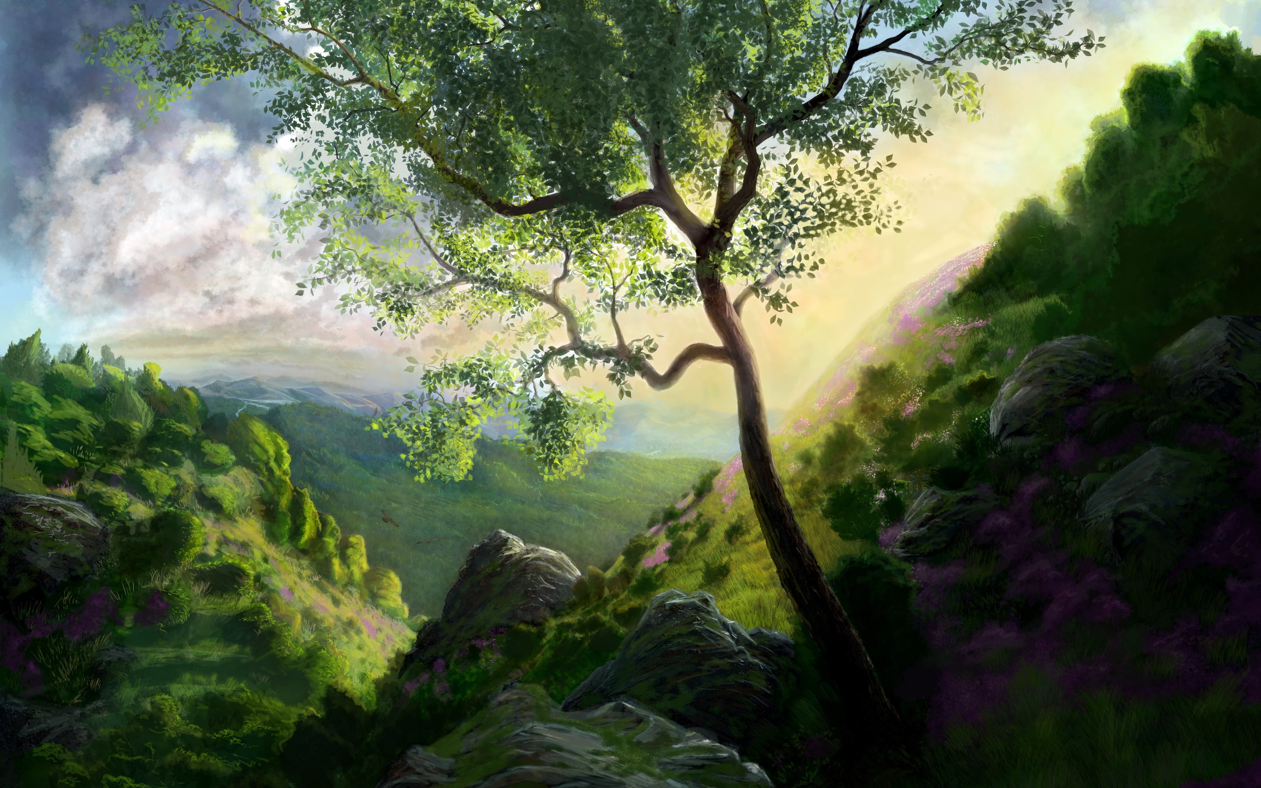 cliff, Mountain, Painting, Tree, 2K, wallpaer, HD Wallpaper
