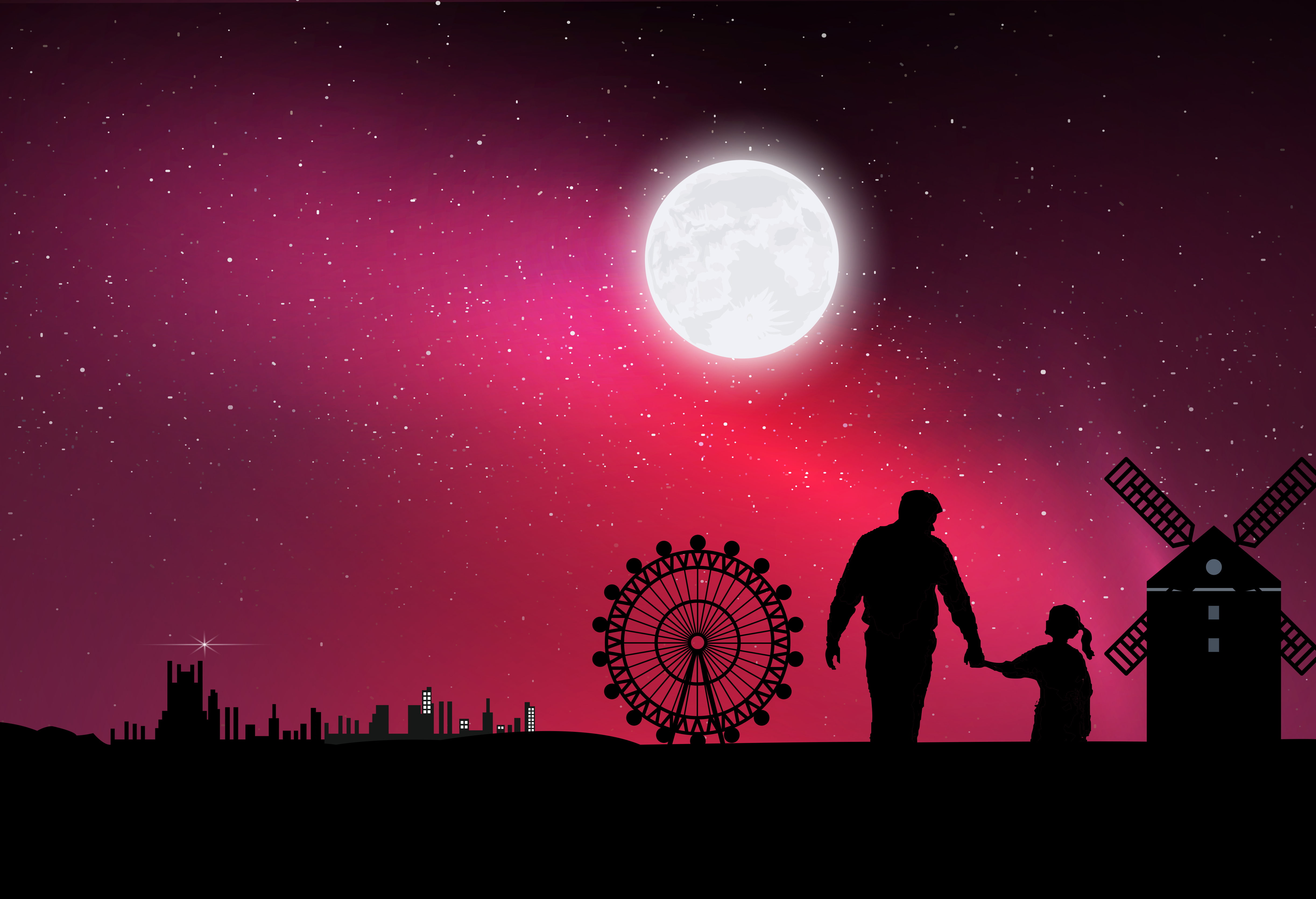 father, clock, outdoors, planetary moon, adult, astronomy, star - space, digital art, artwork, daughter, hd, night, sky, artist, ferris wheel, full length, HD Wallpaper