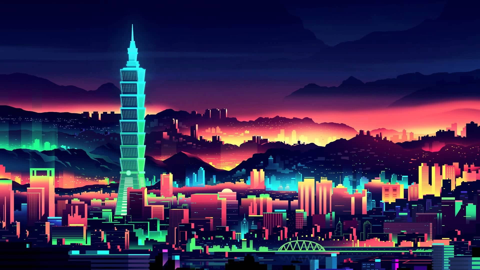 city, 1080P, neon, 1980s, Retro style, HD Wallpaper