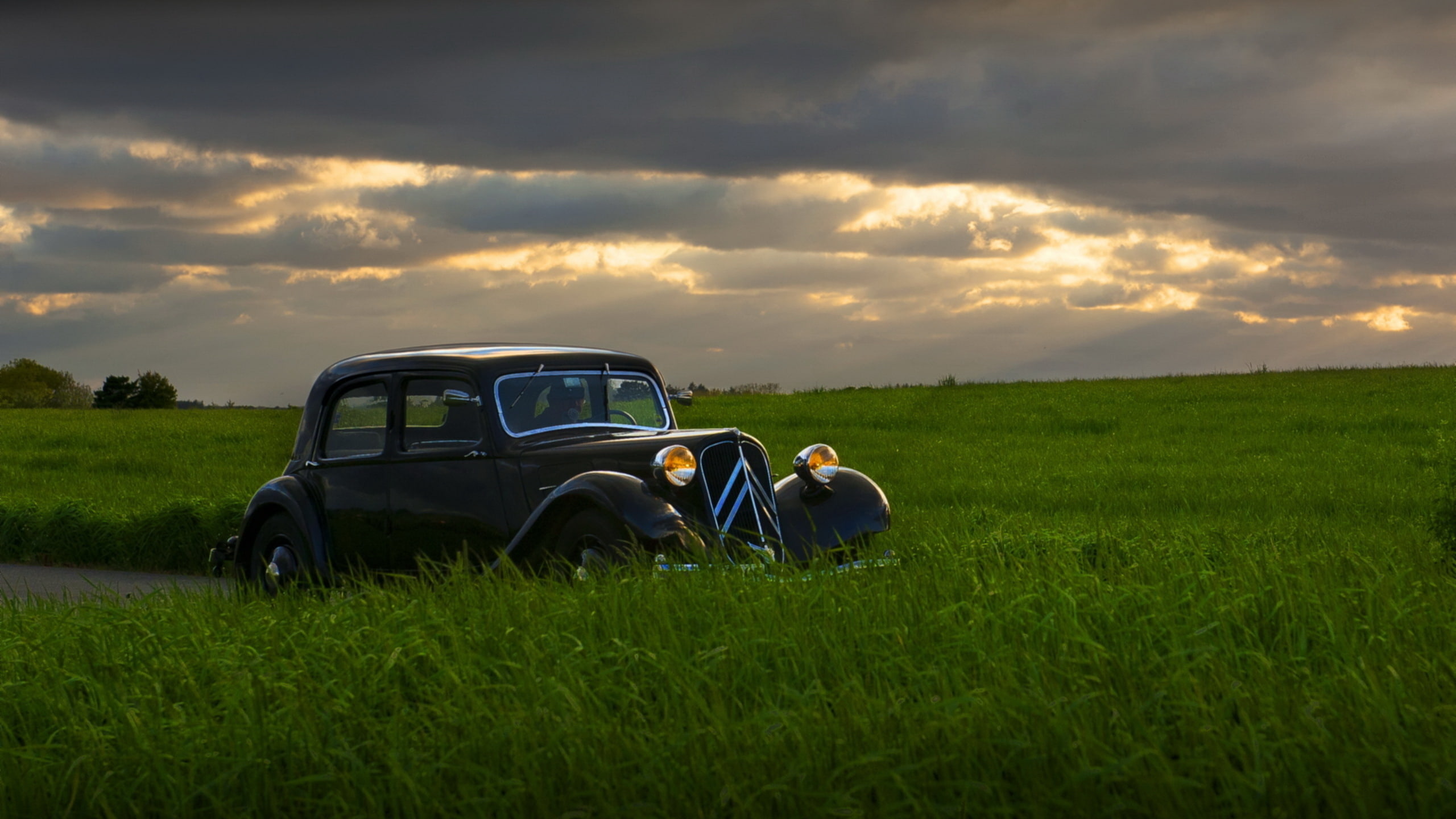 car, sunset, 2K, field, Retro style, Citroën, HD Wallpaper