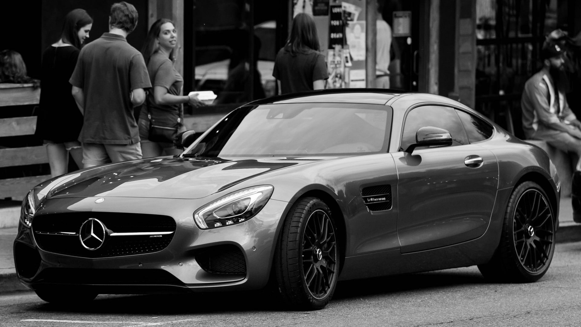 motor vehicle, men, outdoors, adult, architecture, incidental people, city, luxury, mode of transportation, Mercedes-Benz AMG GT, day, transportation, car, HD Wallpaper