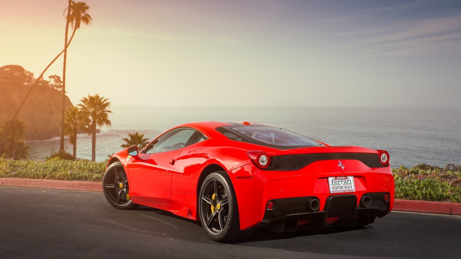 sunlight, red cars, sea, coupe, Ferrari, sky, tree, speed, road, luxury, transportation, travel, mode of transportation, plant, wheel, convertible, wealth, HD Wallpaper