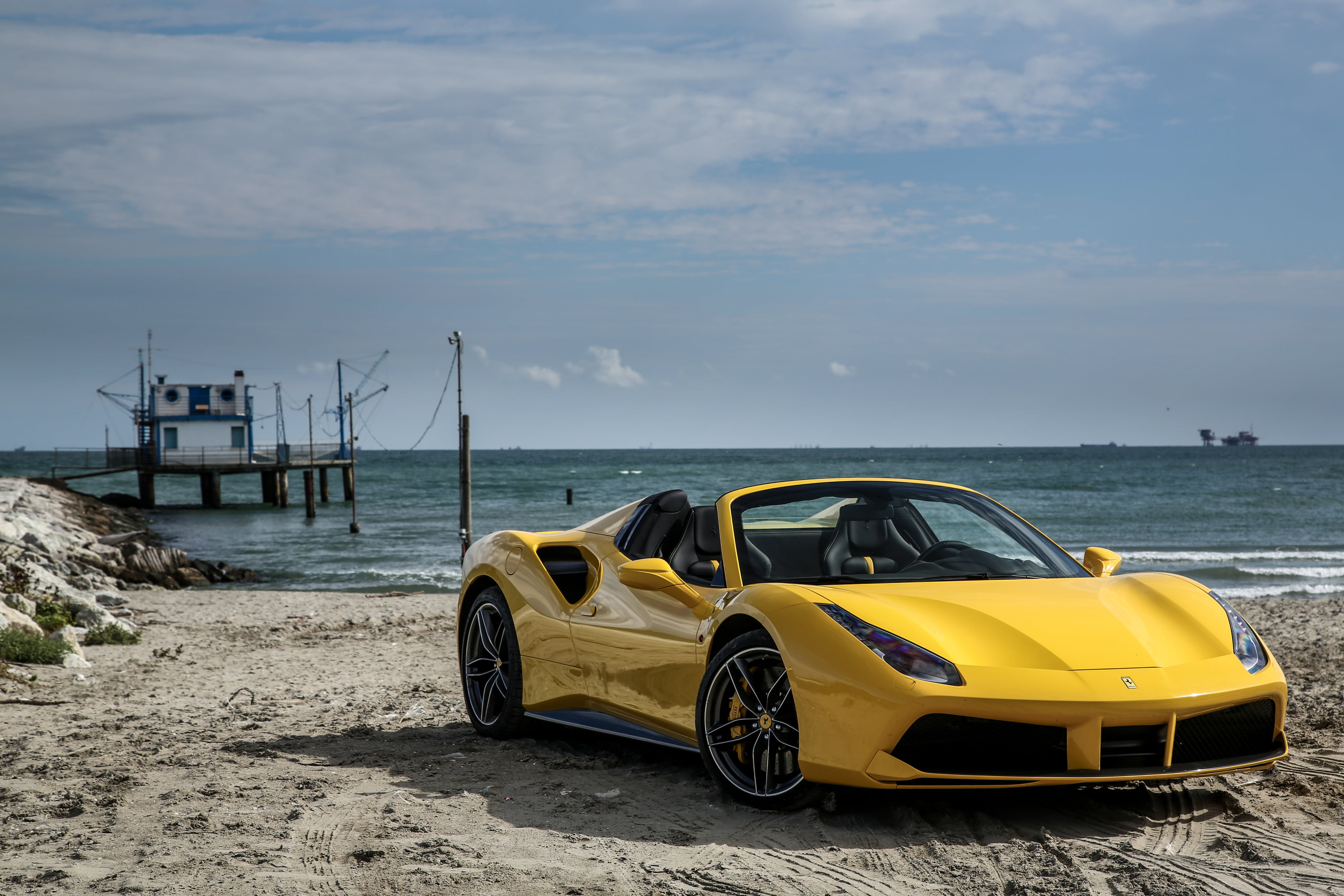 horizon over water, engine, convertible, sea, land Vehicle, day, sky, sand, no People, yellow, transportation, motor vehicle, beach, land, coupe, water, HD Wallpaper