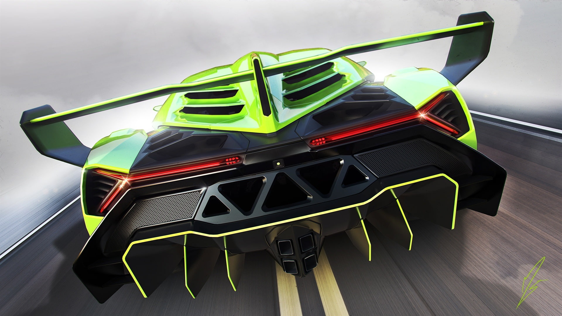 Supercar, veneno, taillight, auto, 1080P, Green, View, Back, Lamborghini, HD Wallpaper