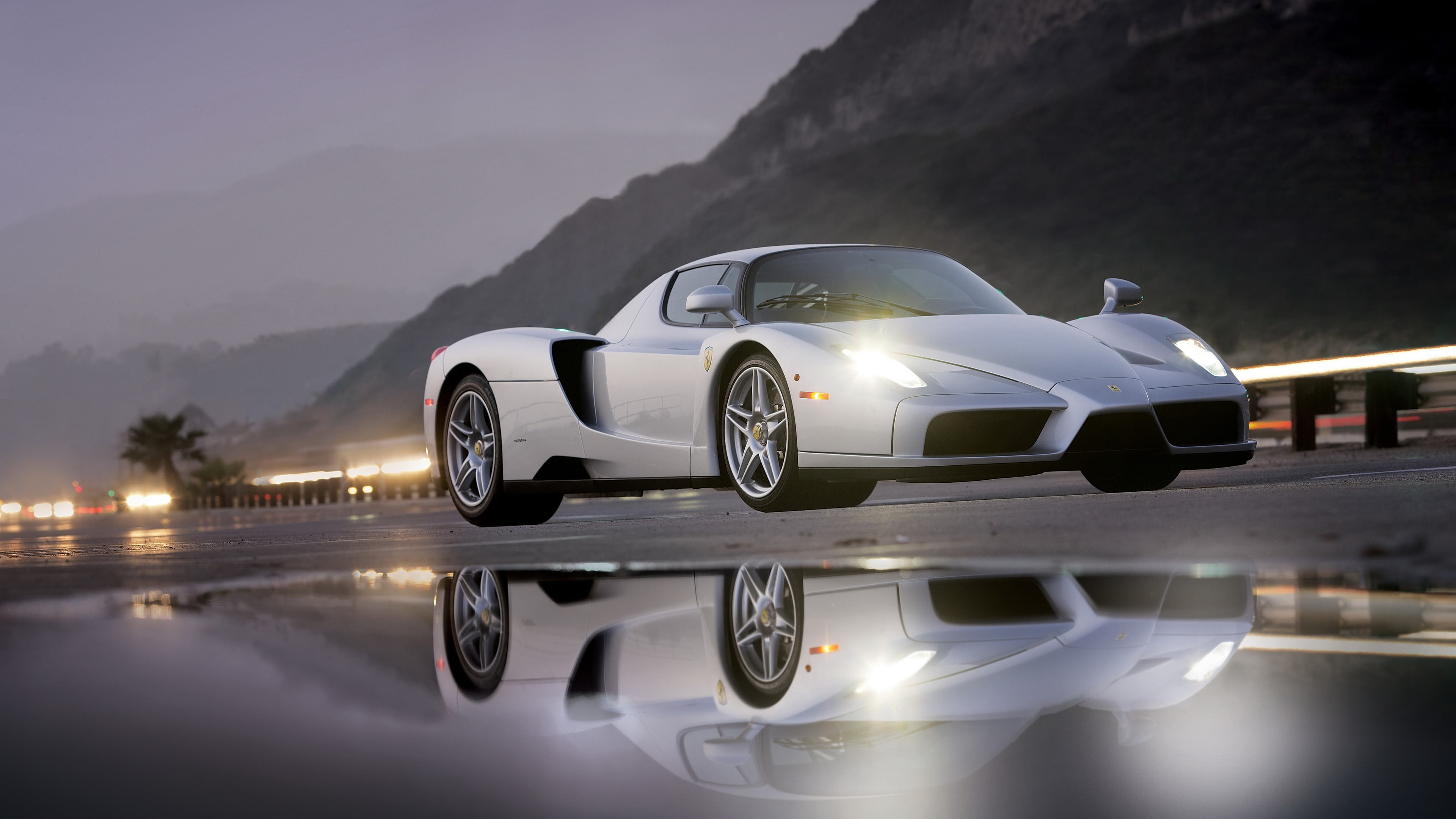 land vehicle, nature, car, mountain range, sky, outdoors, lake, no people, silver, waterfront, Ferrari Enzo, reflection, reflective, headlight, beauty in nature, HD Wallpaper