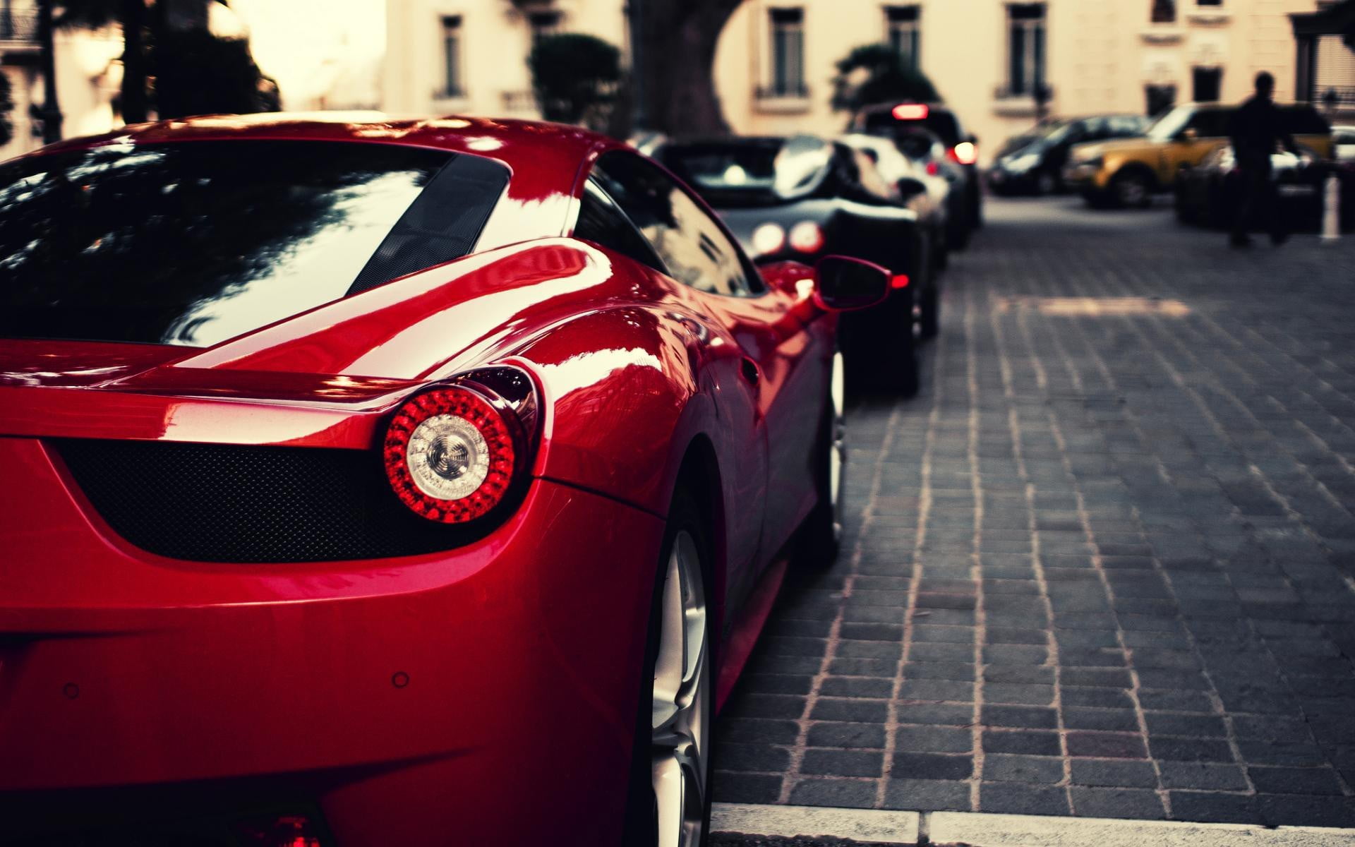 city, retro styled, architecture, street, car, focus on foreground, red, incidental people, coupe, building exterior, mode of transportation, outdoors, HD Wallpaper