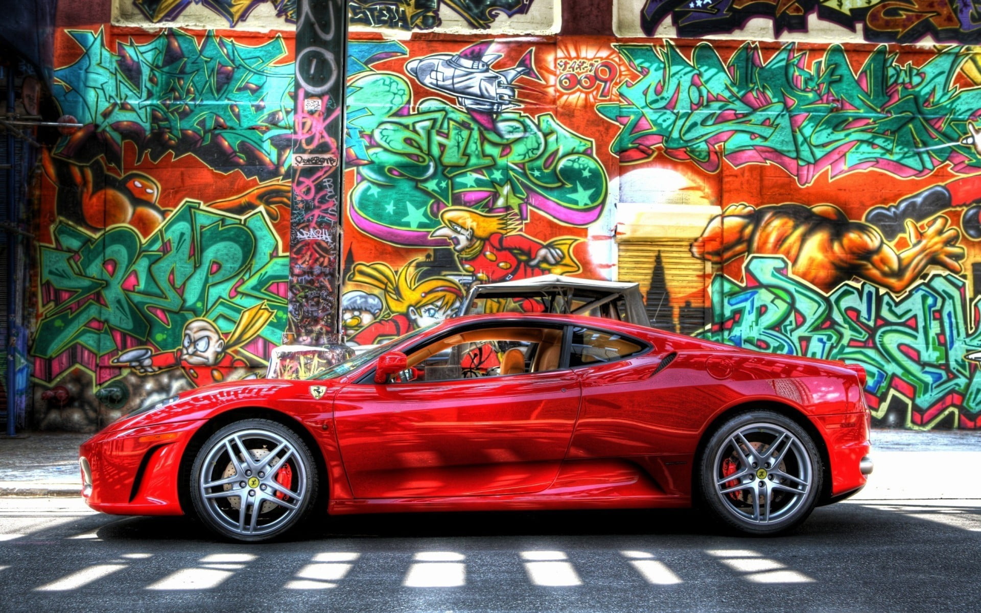 Ferrari, creativity, day, mode of transportation, representation, 1080P, colorful, motor vehicle, mural, pattern, no people, architecture, car, toy, red, HD Wallpaper