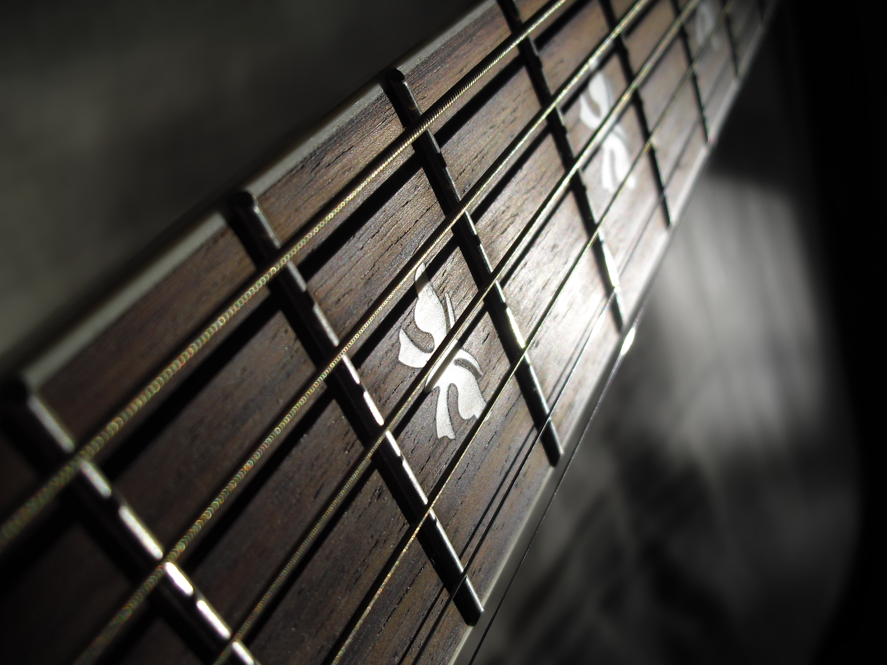 strings, Guitar, musical instrument, single object, focus on foreground, black color, music, still life, black background, Frets, indoors, musical instrument string, HD Wallpaper
