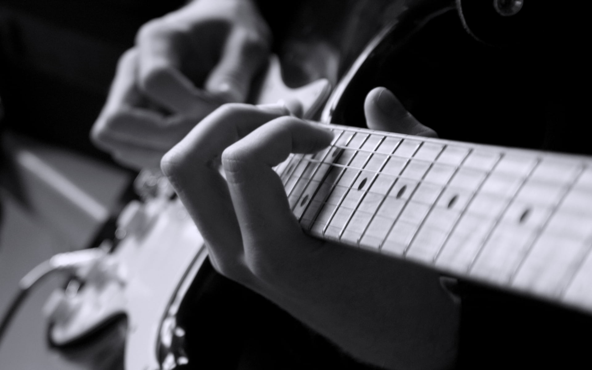 plucking an instrument, human body part, music, selective focus, six-string electronic guitar, electric, close-up, black background, focus on foreground, HD Wallpaper