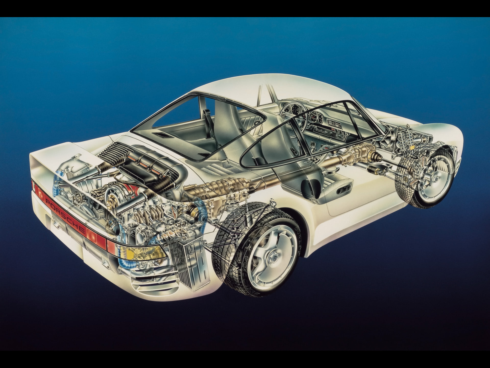 porsche, cars, illustration, cutaway, hd, coupe, 1080P, technical, 959, white, HD Wallpaper