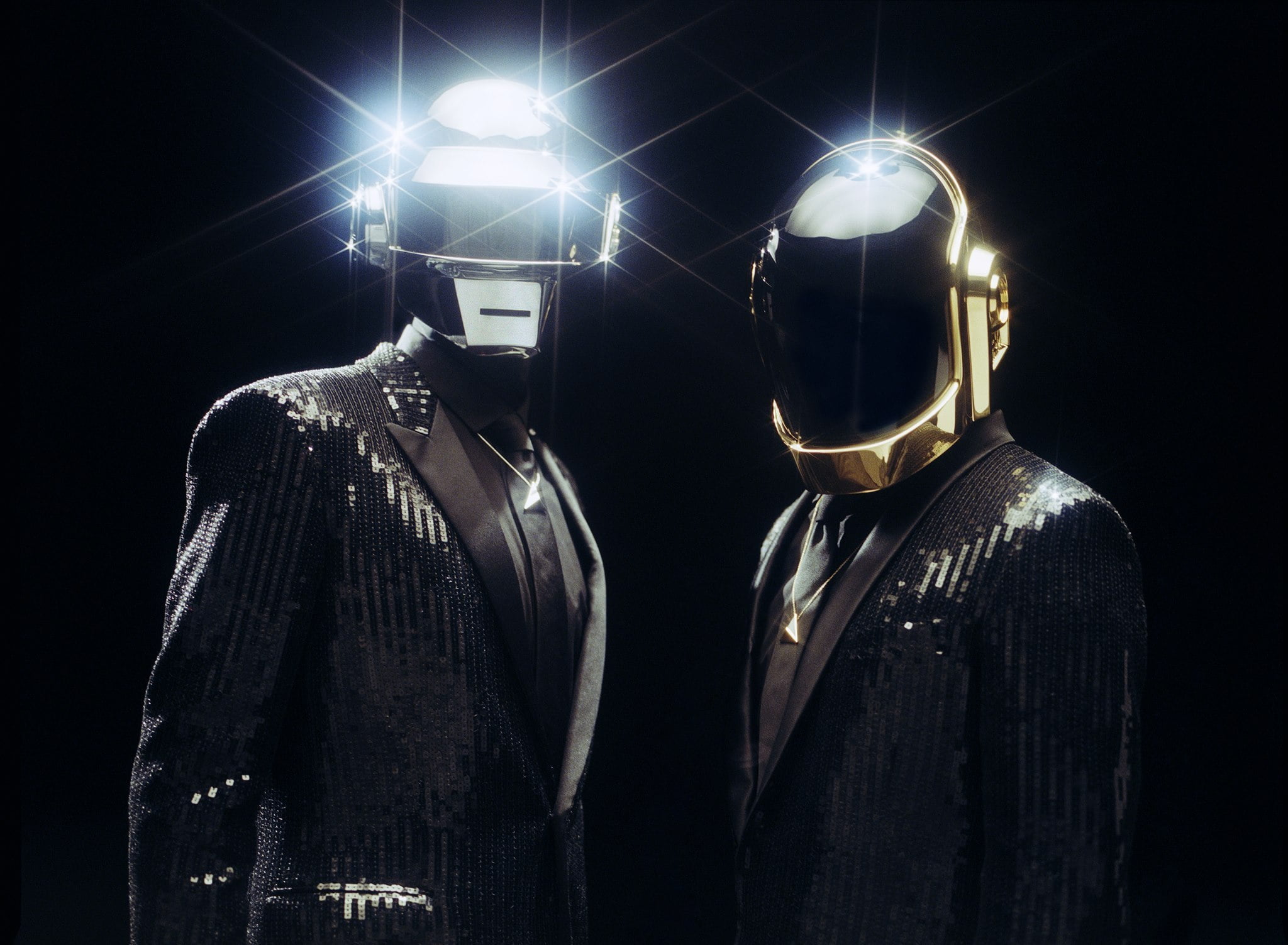 studio shot, night, s, standing, Guy-Manuel de Homem Christo, 1080P, Daft Punk, human representation, illuminated, jacket, digital composite, French, two people, HD Wallpaper
