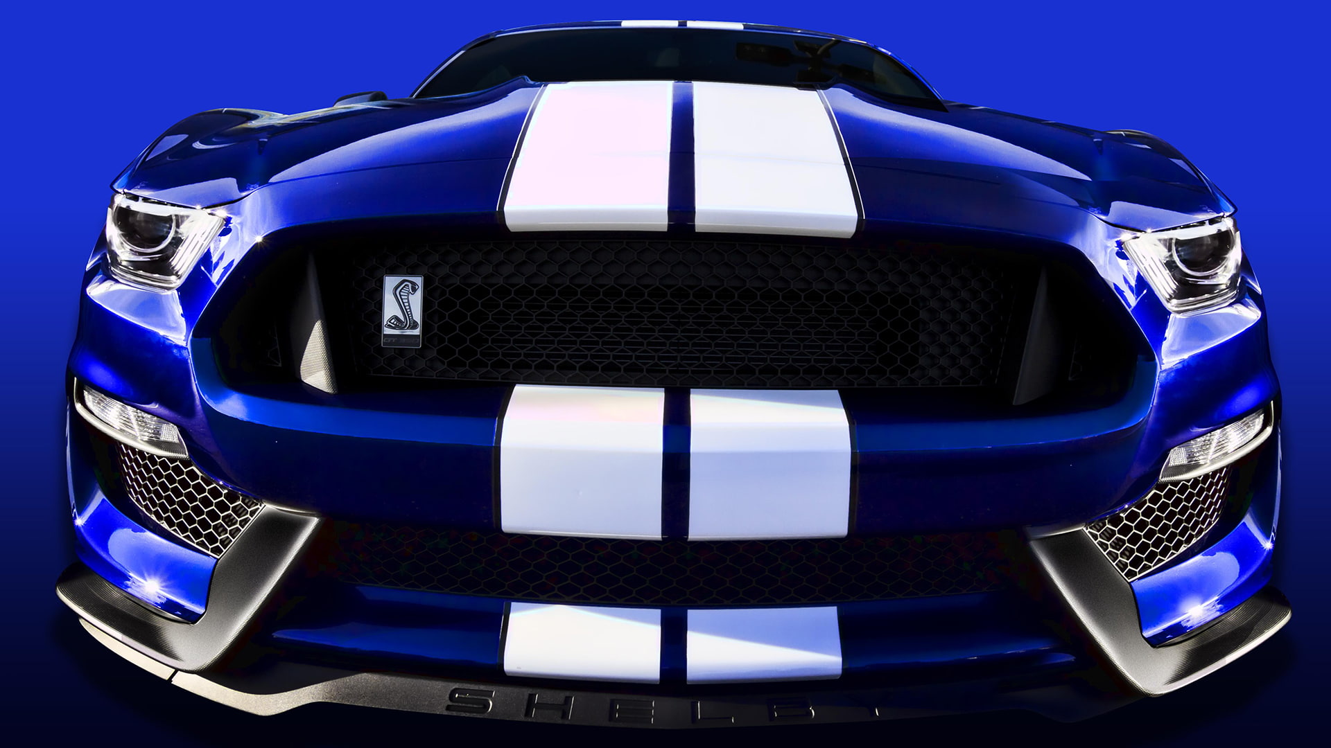 indoors, car, no people, security, chrome, metal, Ford Mustang, transportation, blue background, equipment, technology, blue cars, sport, 1080P, close-up, HD Wallpaper
