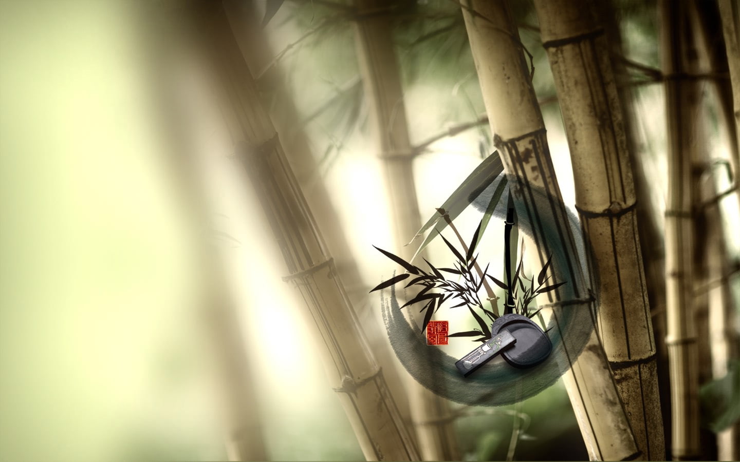 trunk, architecture, wheel, nature, pole, hanging, bamboo - plant, tree trunk, 720P, wood - material, low angle view, outdoors, focus on foreground, Chinese Brush Painting, HD Wallpaper