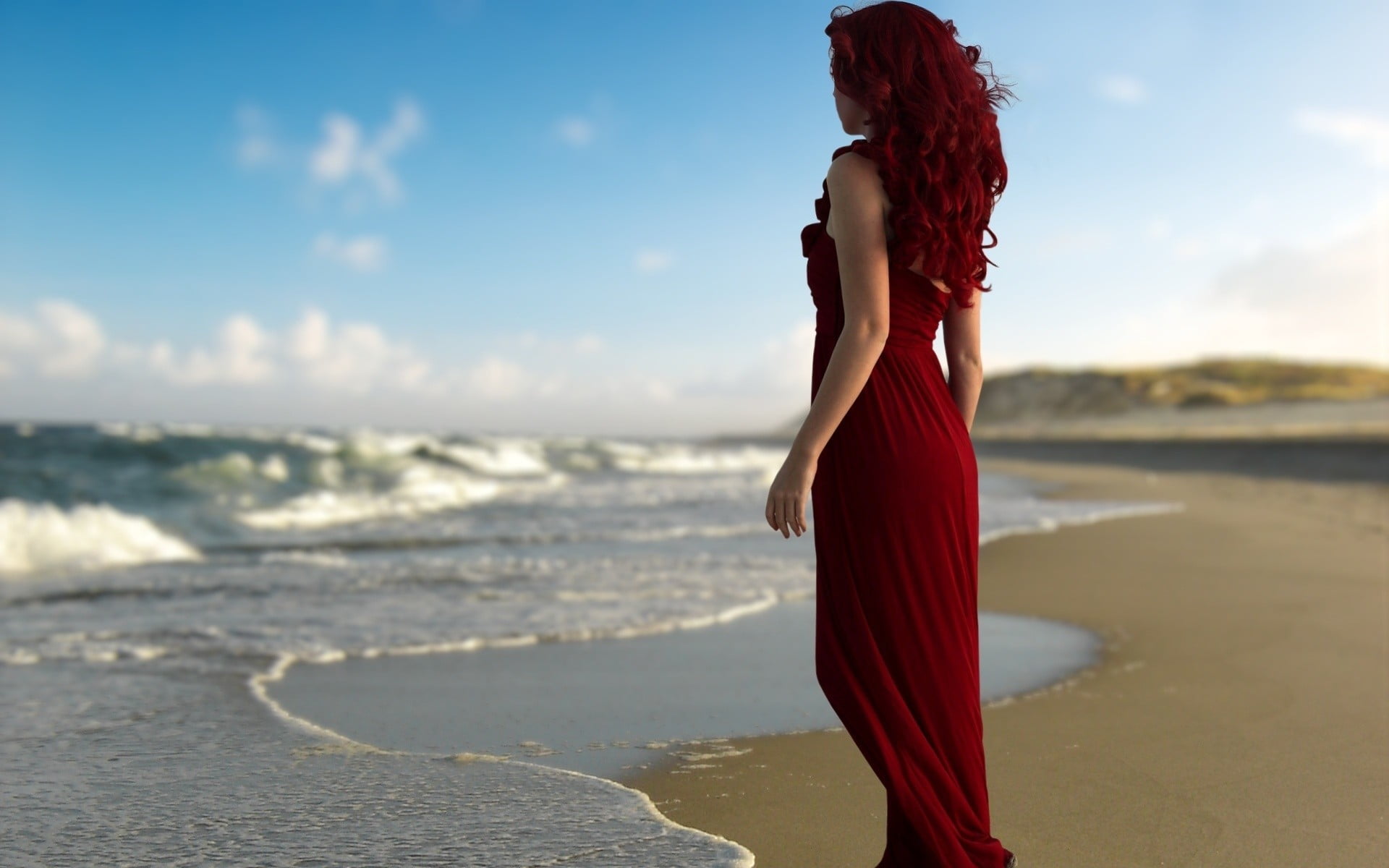 young women, standing, land, clothing, red dress, sky, red, horizon over water, beach, adult, hairstyle, beauty in nature, tranquility, water, nature, woman, HD Wallpaper