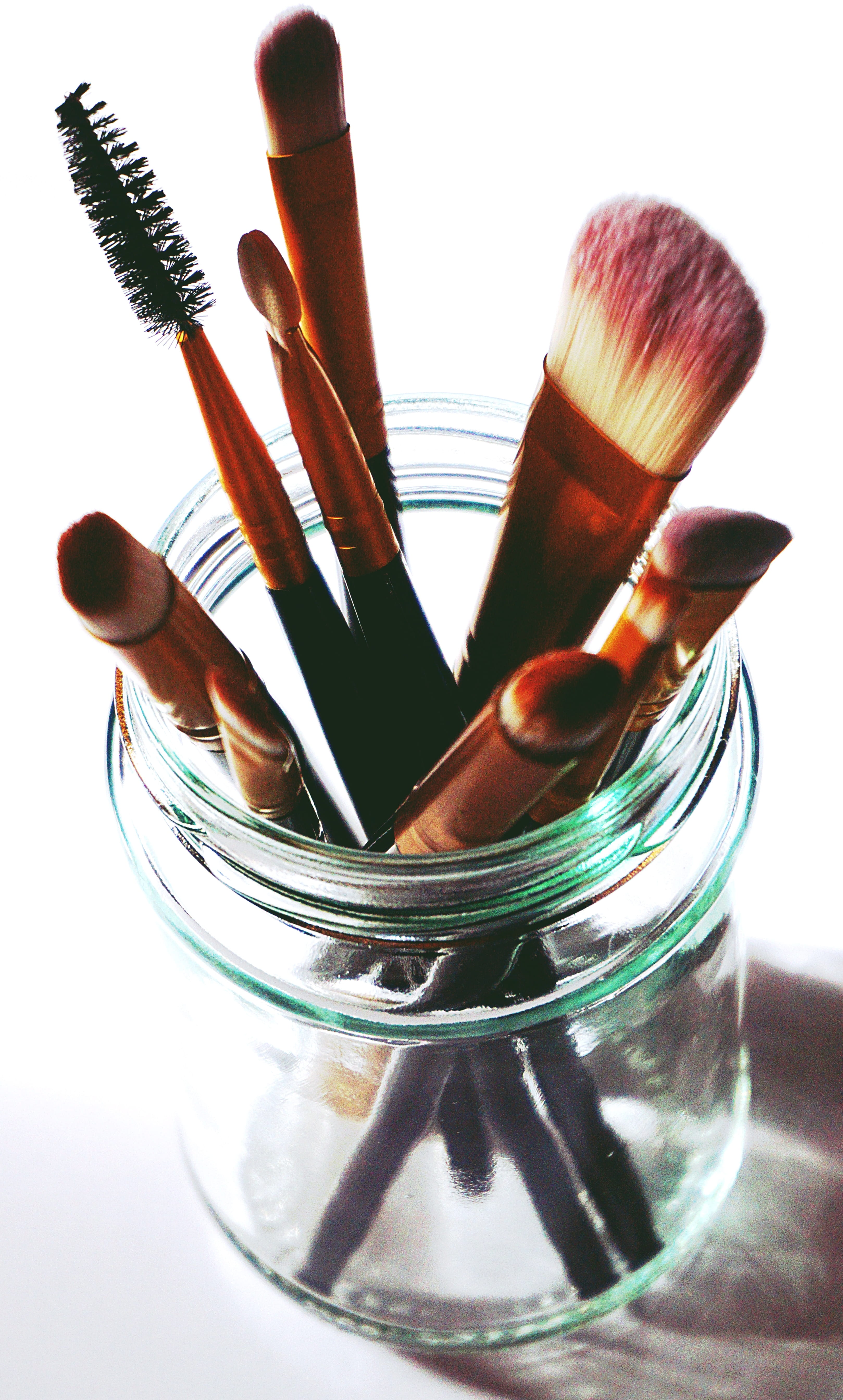 brush, mason, group of objects, still life, studio shot, art and craft, paintbrush, table, creativity, container, glass - material, high angle view, tool, Phone HD Wallpaper