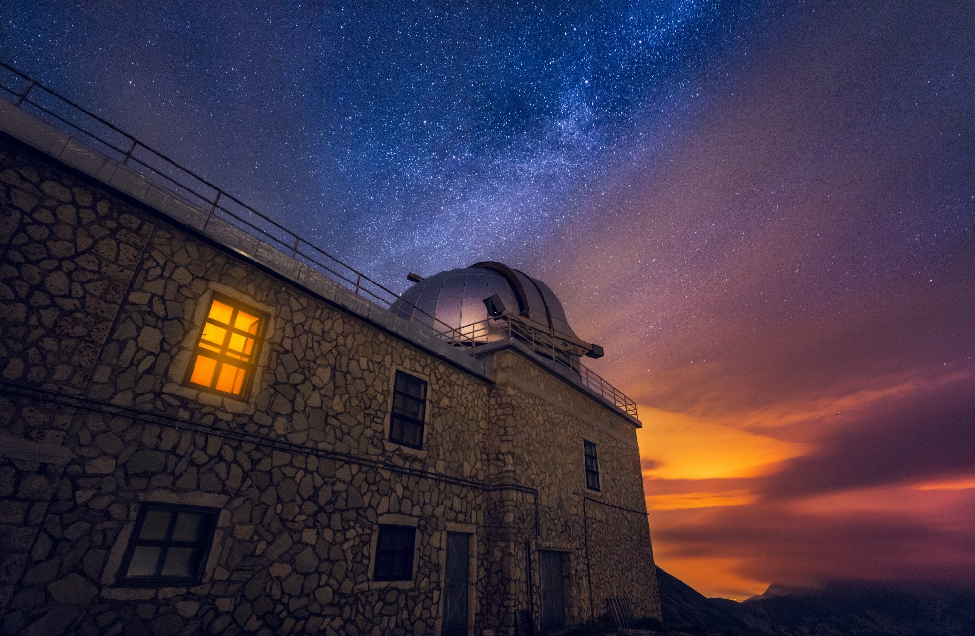 Twilight, Glow, building exterior, buildings, outdoors, Mountains, gransasso, Nature, canon, milky way, scenics - nature, low angle view, Abruzzo, star field, HD Wallpaper