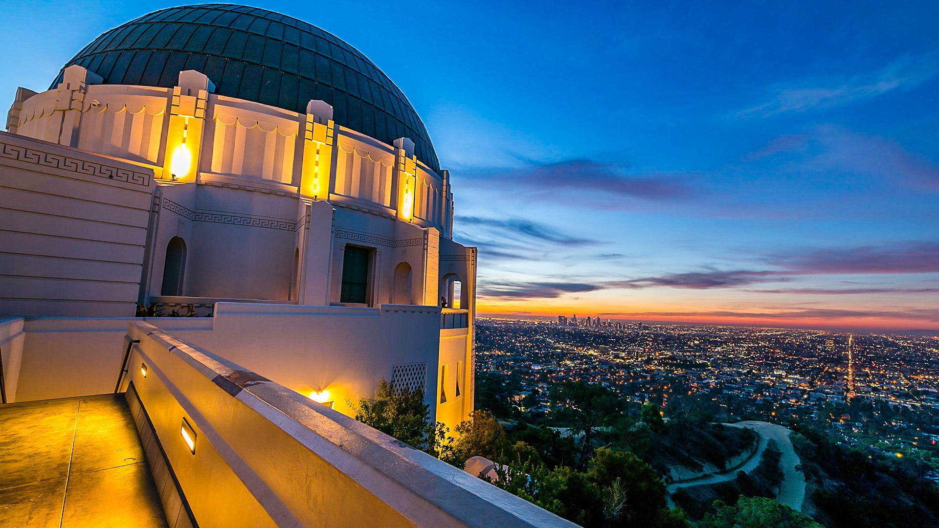 USA, horizon, Griffith Park Observatory, 1080P, night, lights, landscape, city, cityscape, sky, clouds, California, HD Wallpaper