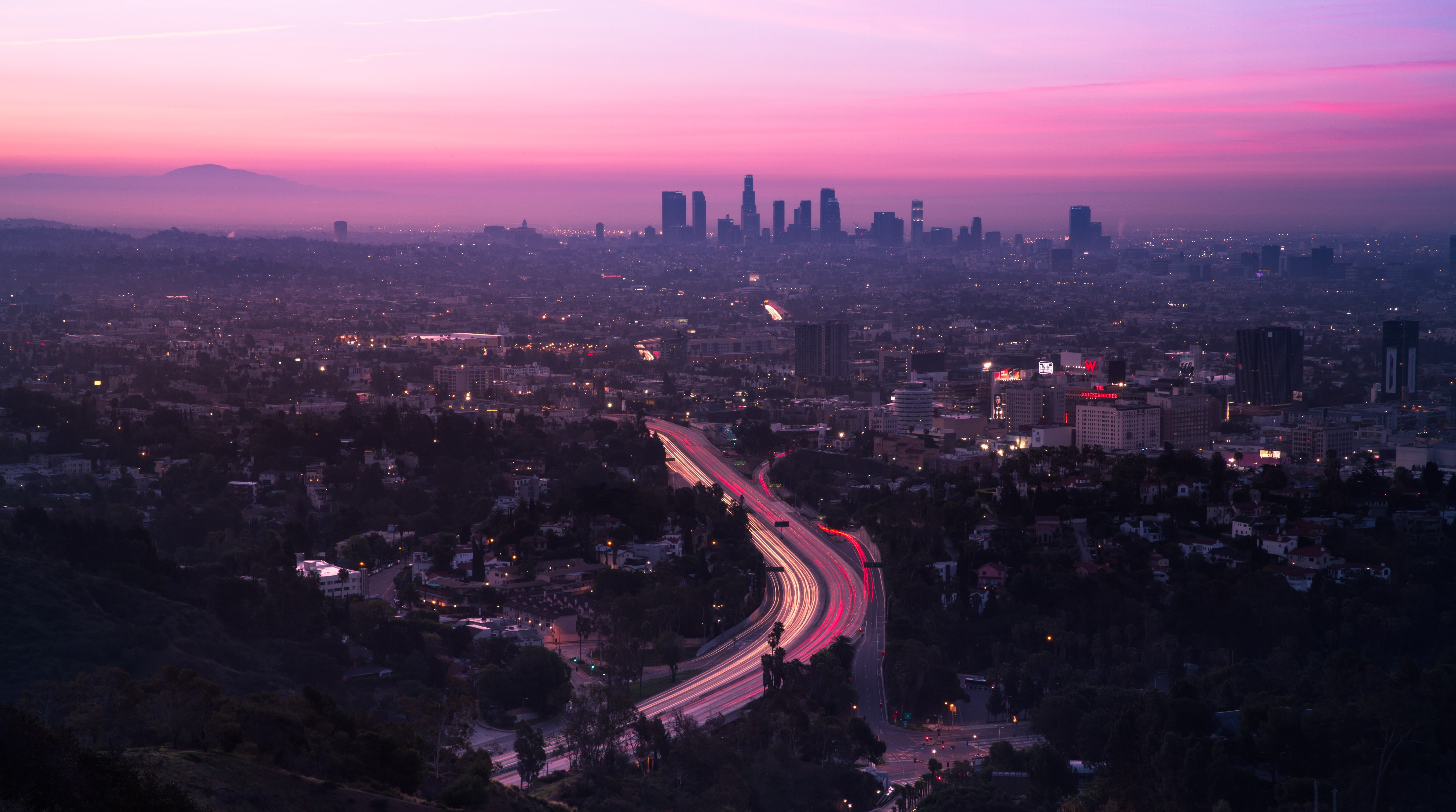 5K, aerial view, los angeles, united states, sunset, city, road, HD Wallpaper
