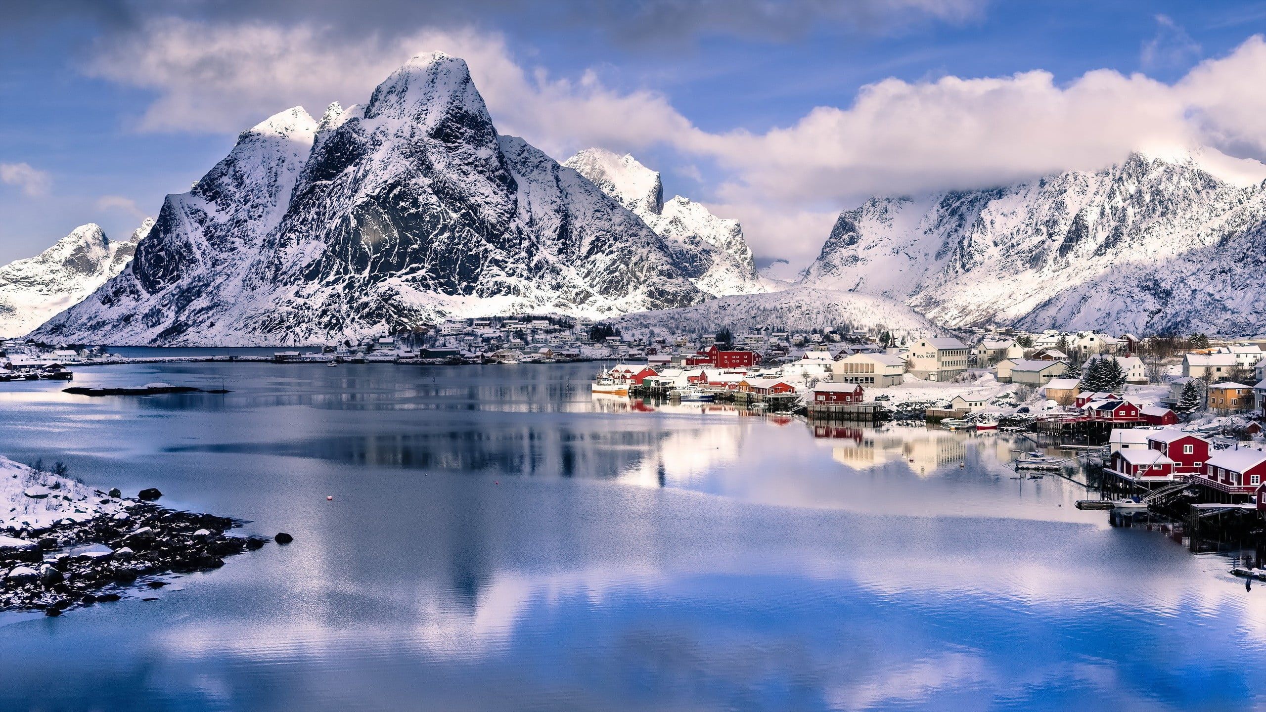 water, house, mountain, lake, reflection, scenics - nature, waterfront, 2K, no people, cloud - sky, villages, tranquility, hills, snow, beauty in nature, HD Wallpaper