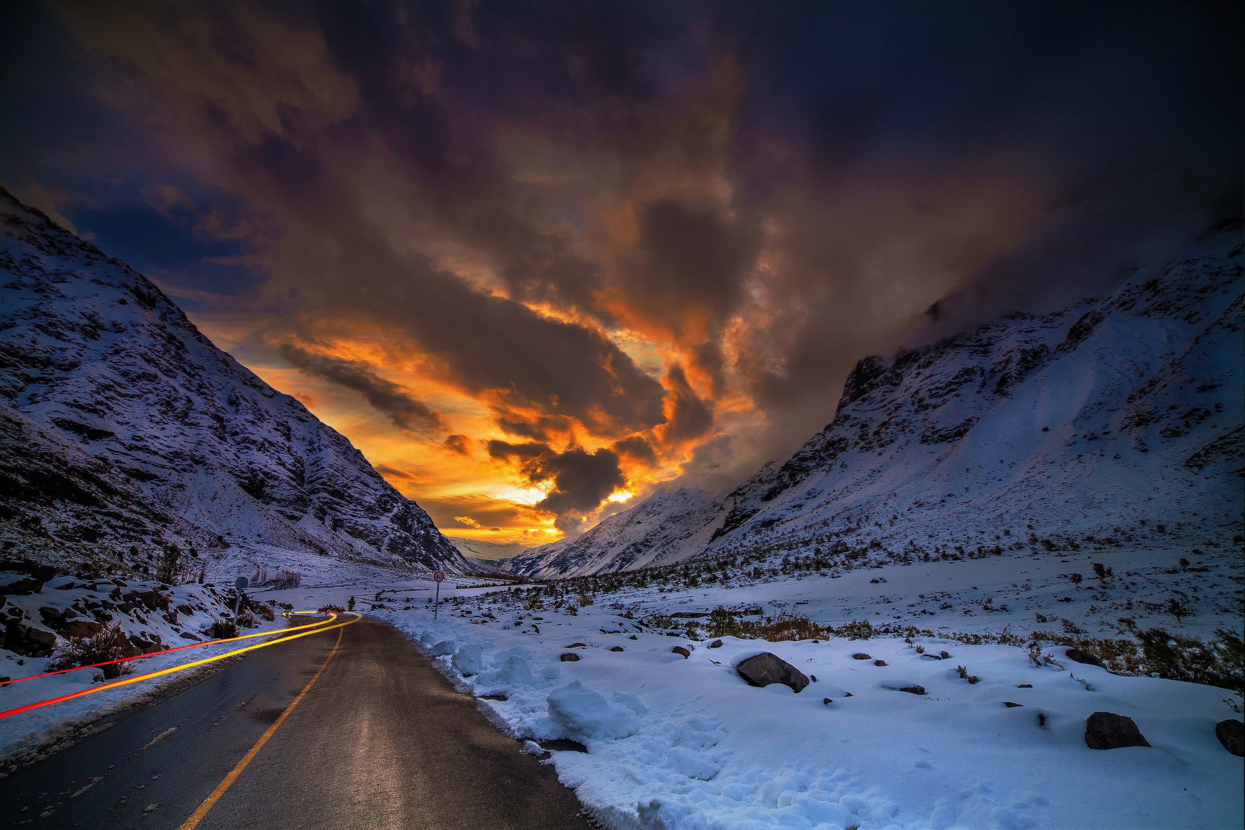 winter, nature, Chile, mountains, road, clouds, 1080P, sunset, sky, landscape, snow, HD Wallpaper