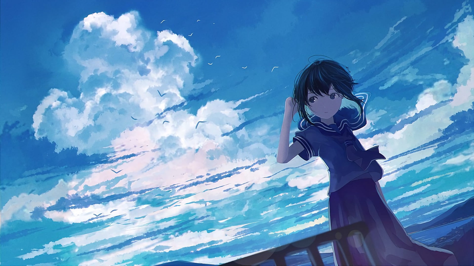 young adult, sky, hairstyle, lifestyles, 1080P, real people, water, three quarter length, adult, sea, nature, haired, blue, cloud - sky, beautiful woman, HD Wallpaper