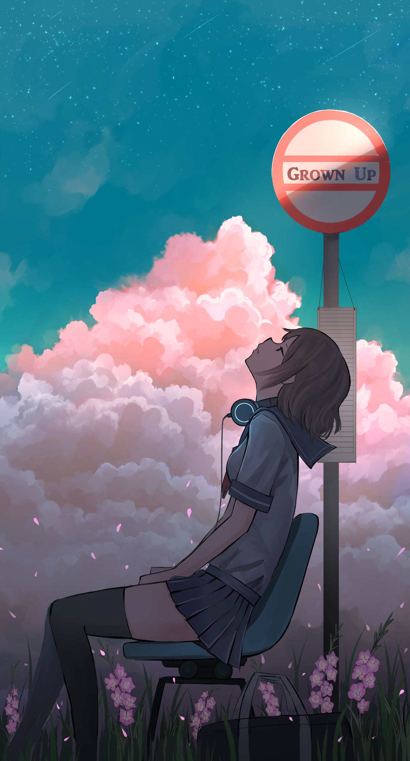 anime girls, school uniform, sky, sitting, 1080P, headphones, short hair, clouds, sailor uniform, brunette, anime, flowers, Phone HD Wallpaper