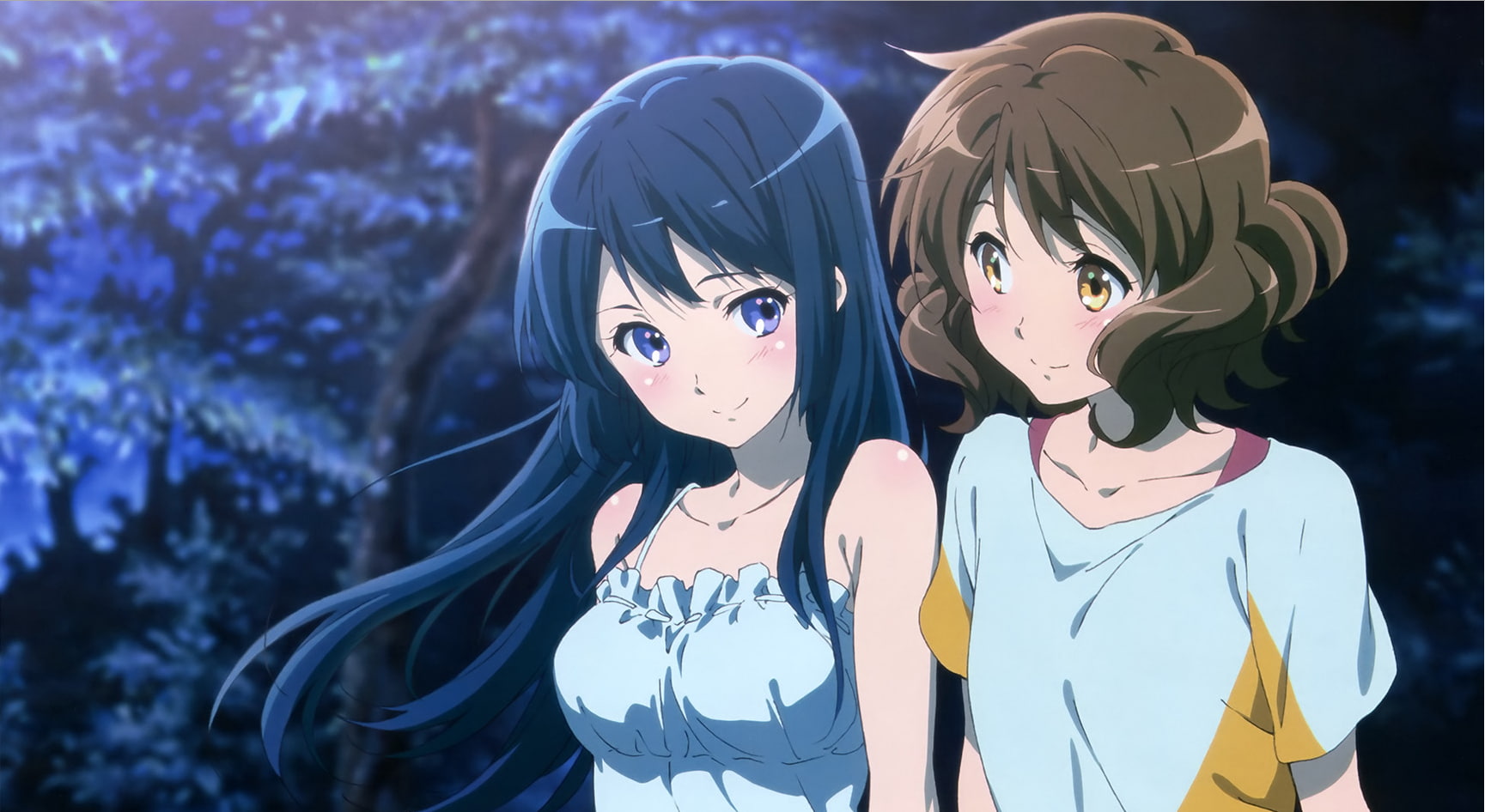 retail display, outdoors, clothing, togetherness, nature, people, tree, plant, hairstyle, Hibike! Euphonium, 720P, female likeness, focus on foreground, HD Wallpaper