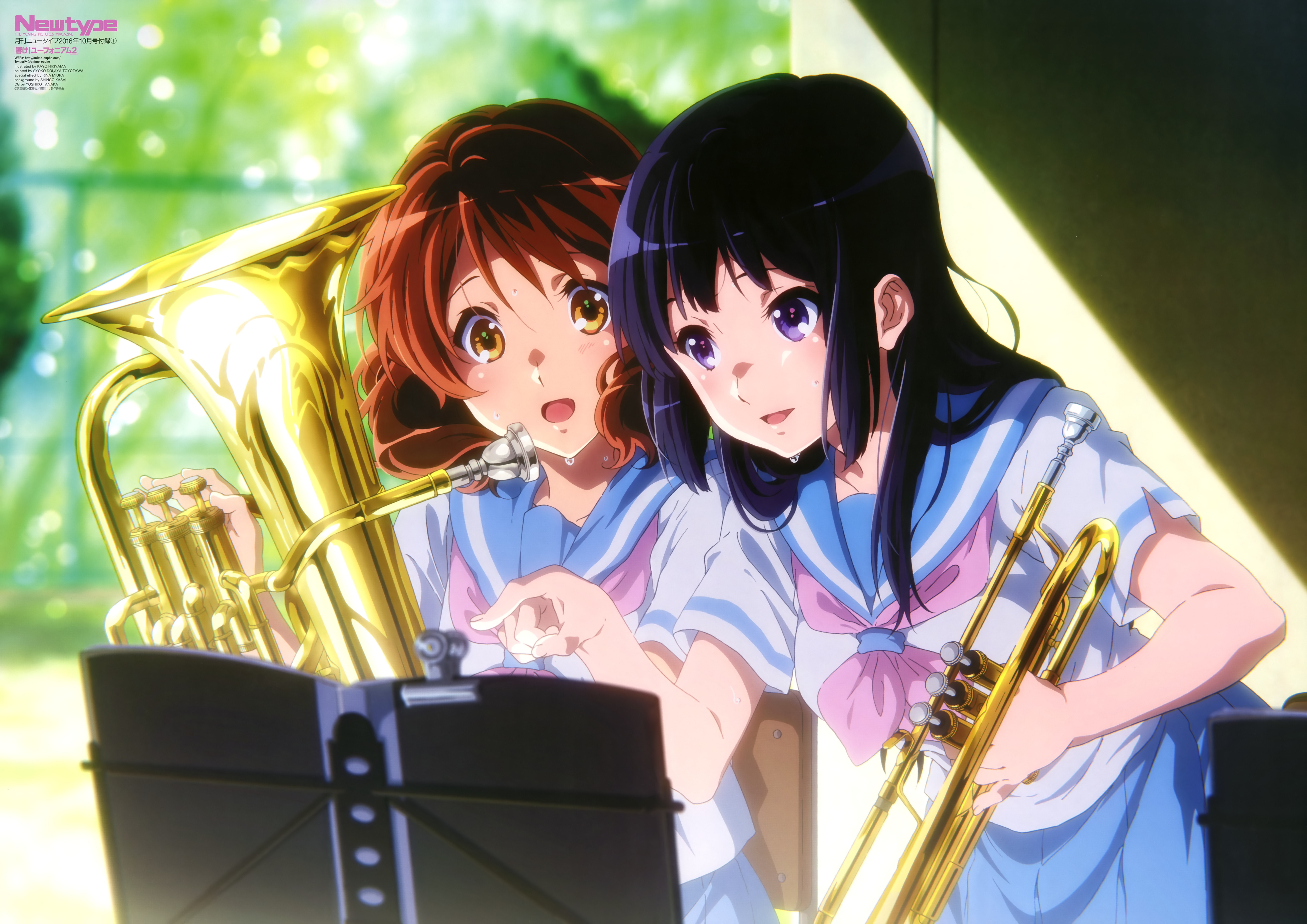 two people, front view, lifestyles, school, hairstyle, oumae kumiko, childhood, Anime, musical instrument, sister, indoors, 8K, people, leisure activity, HD Wallpaper