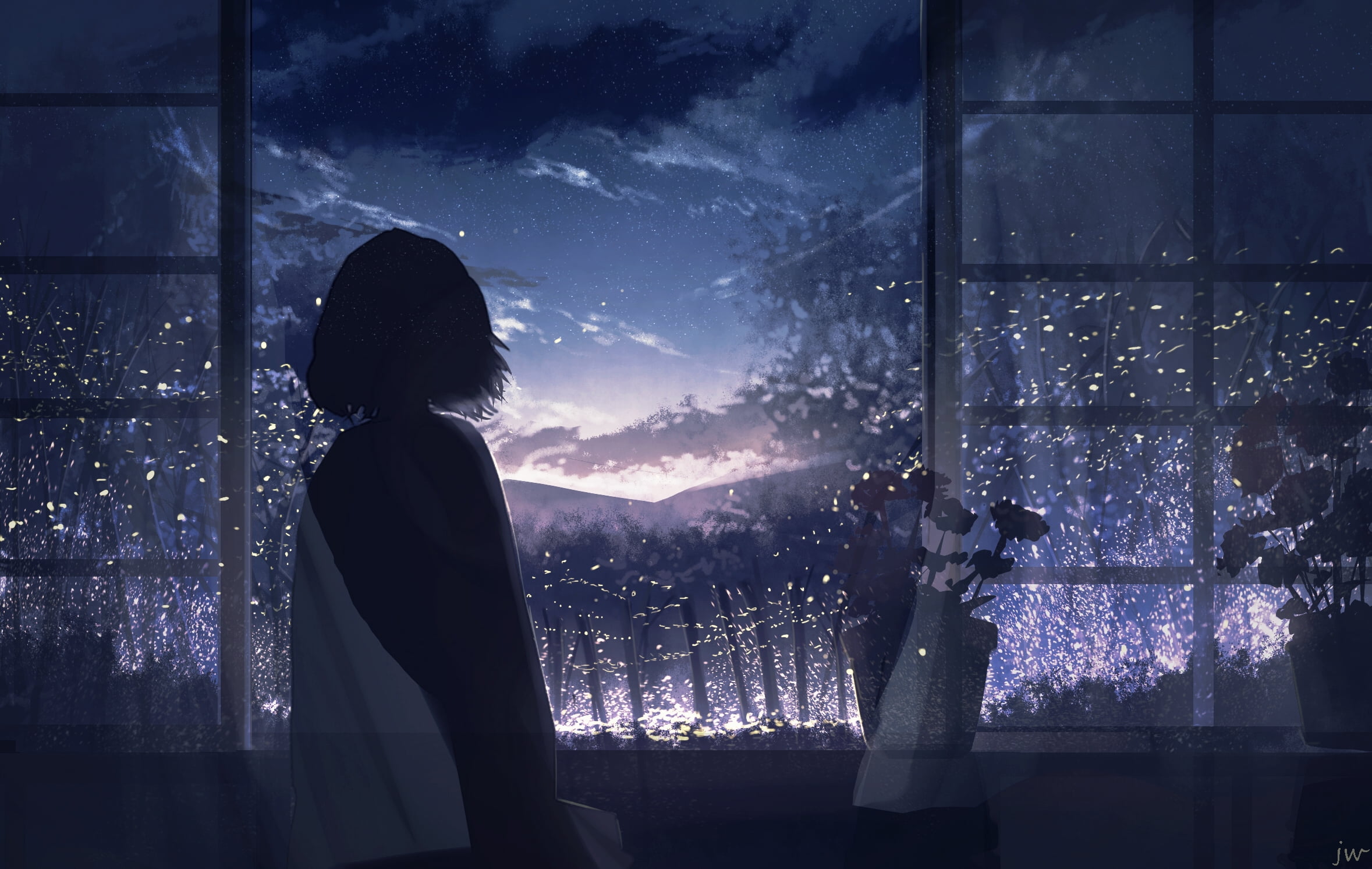 1080P, night sky, anime girls, anime, HD Wallpaper