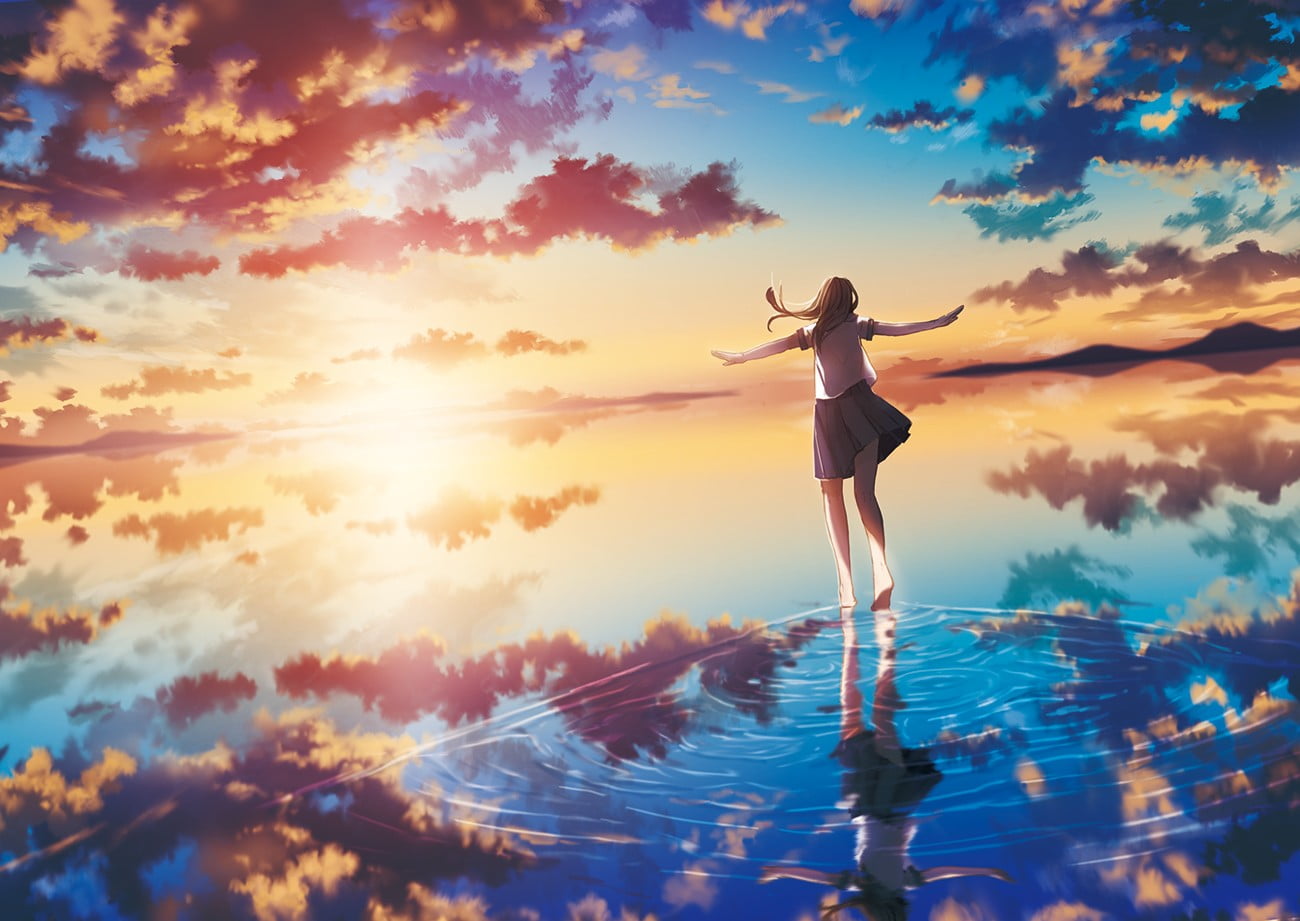 cloud - sky, real people, tranquility, 720P, reflection, standing, scenics - nature, Sun, sunset, arms raised, orange color, water, leisure activity, one person, HD Wallpaper