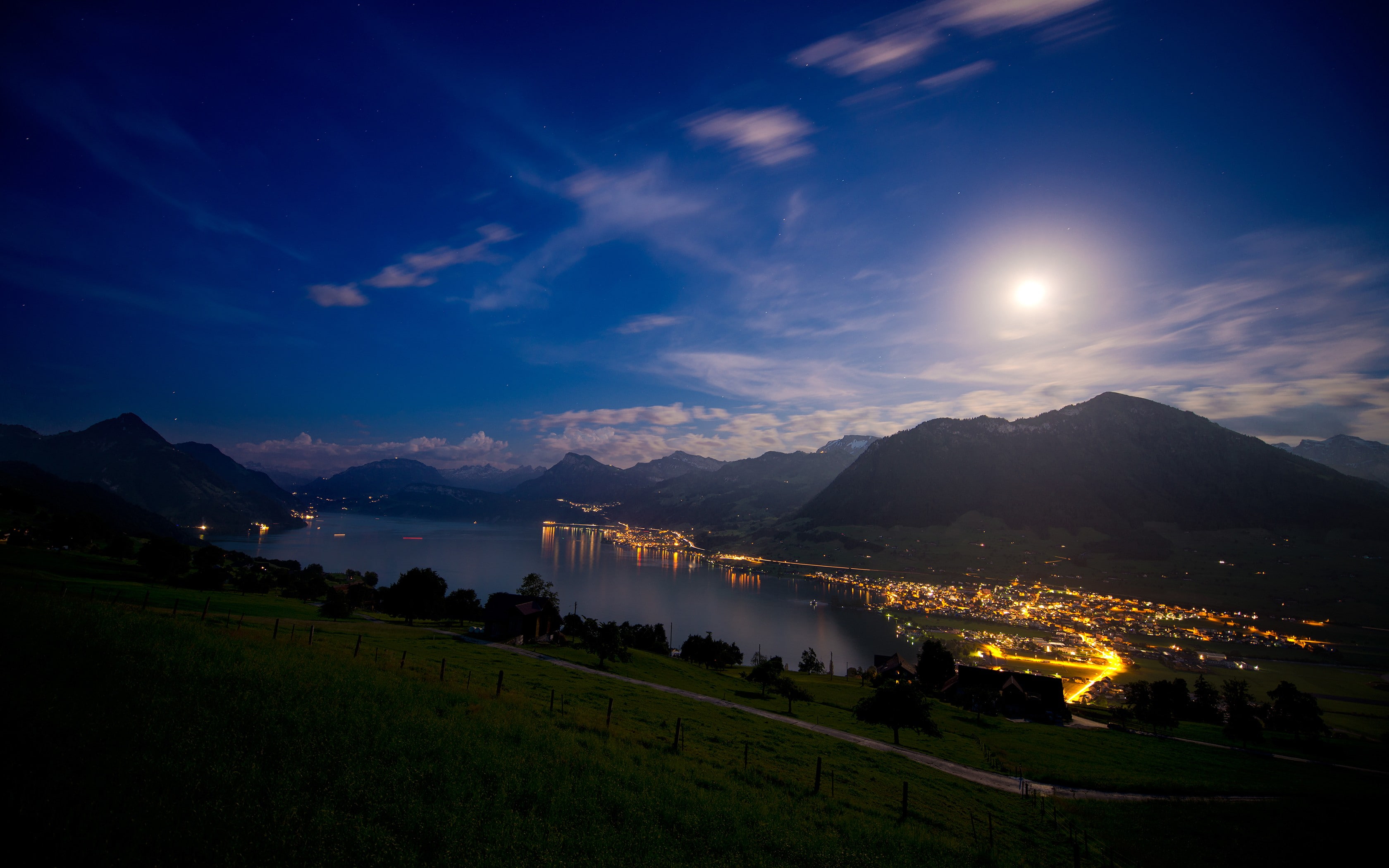 clouds, lights, sky, landscape, night, mountains, nature, city, grass, 2K, lake, Switzerland, Moon, stars, HD Wallpaper