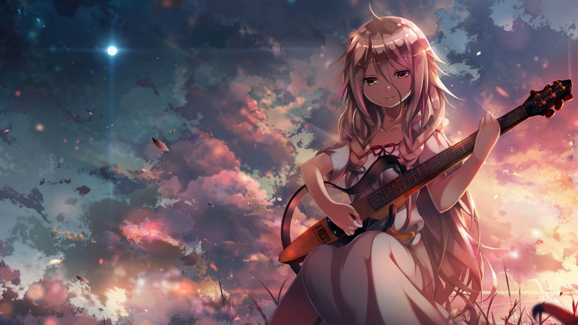 anime, string instrument, one person, long hair, women, young adult, sunset, pink hair, guitar, musical equipment, beautiful woman, Vocaloid, grass, musician, HD Wallpaper