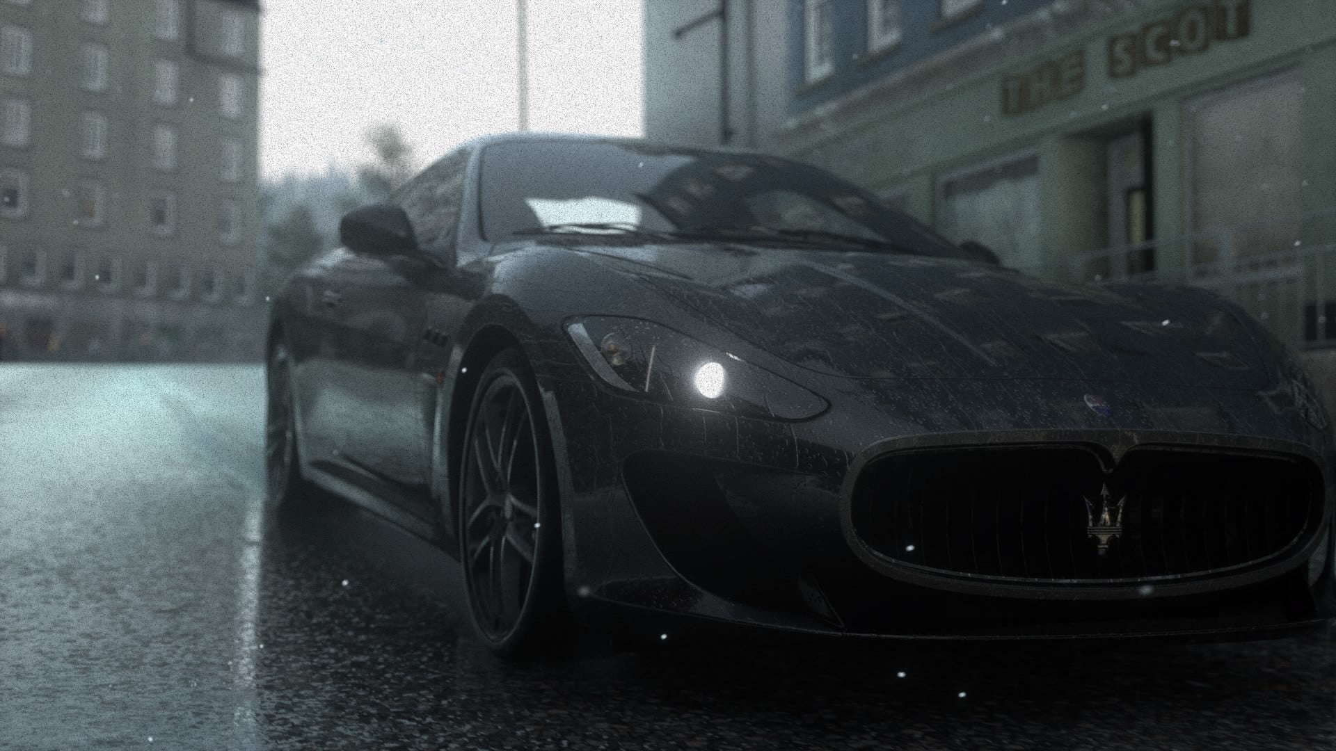 wheel, day, city life, focus on foreground, city, black, wet, architecture, transportation, video games, land vehicle, Driveclub, no people, Maserati, built structure, HD Wallpaper