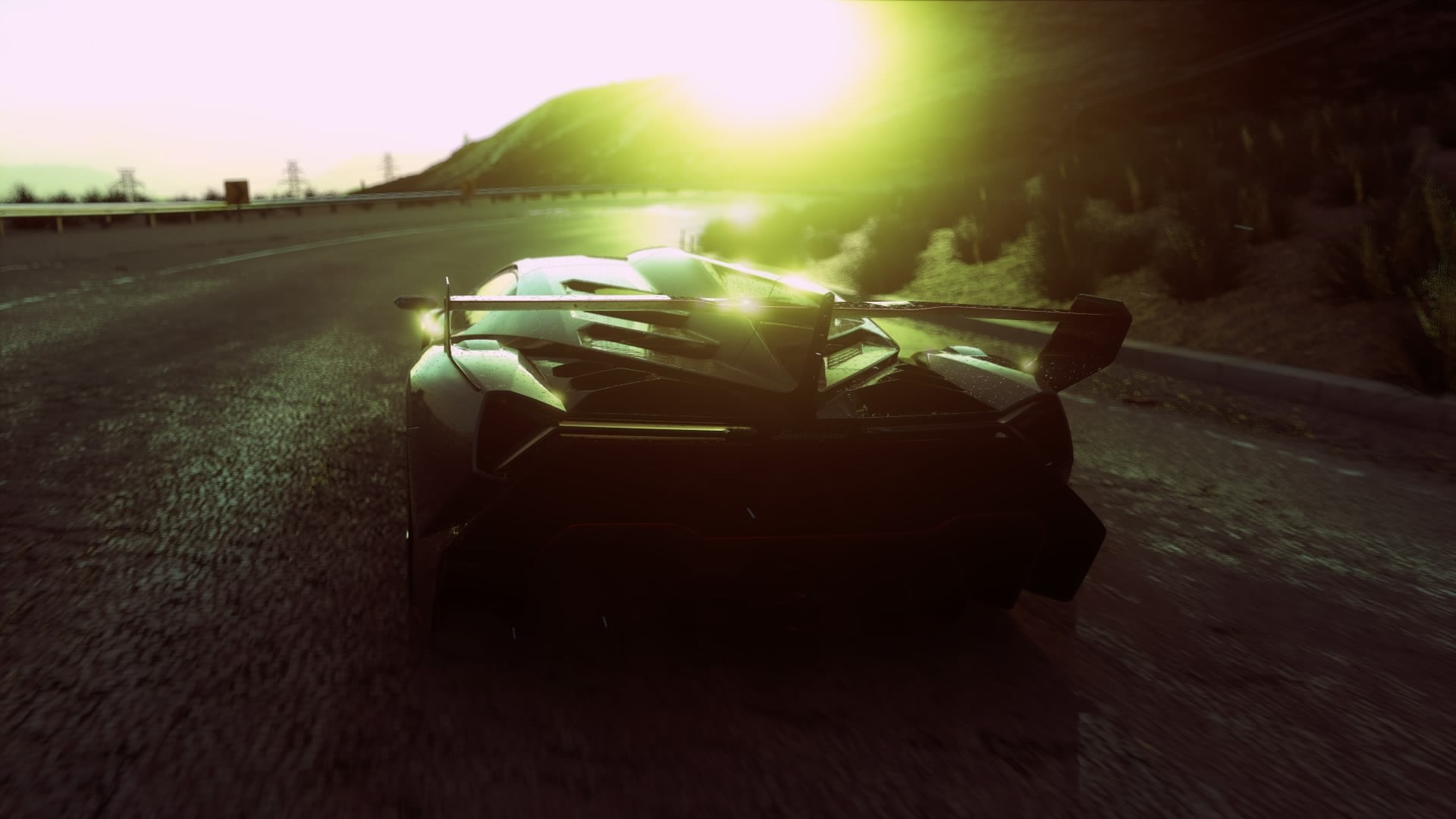 land vehicle, Driveclub, green, the way forward, sky, driving, sunset, transportation, car, nature, rc, lens flare, motor vehicle, speed, road, black, mode of transportation, HD Wallpaper