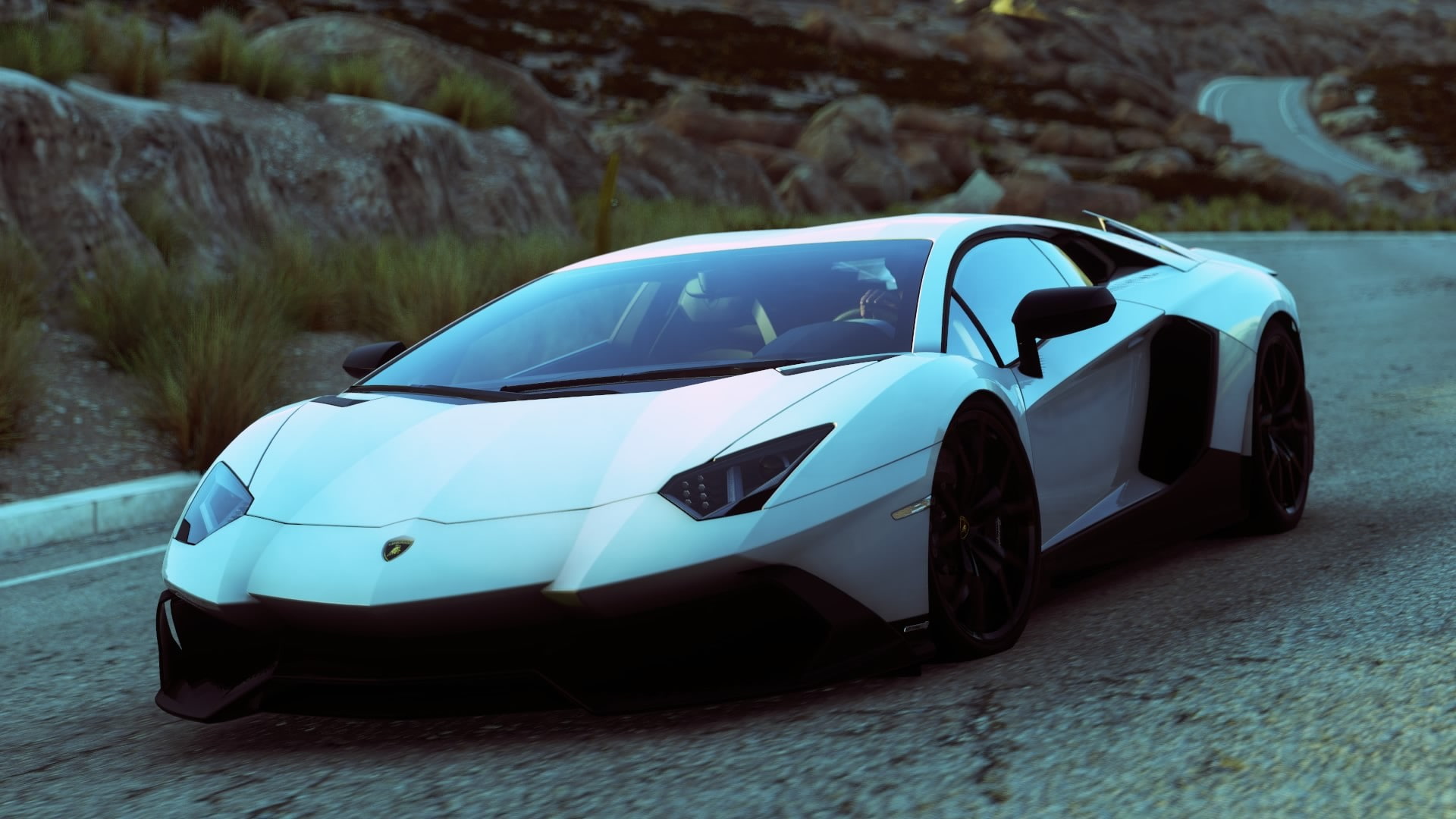 car, transportation, white color, land vehicle, side view, nature, field, focus on foreground, day, mountain, stationary, Driveclub, Lamborghini, close-up, HD Wallpaper