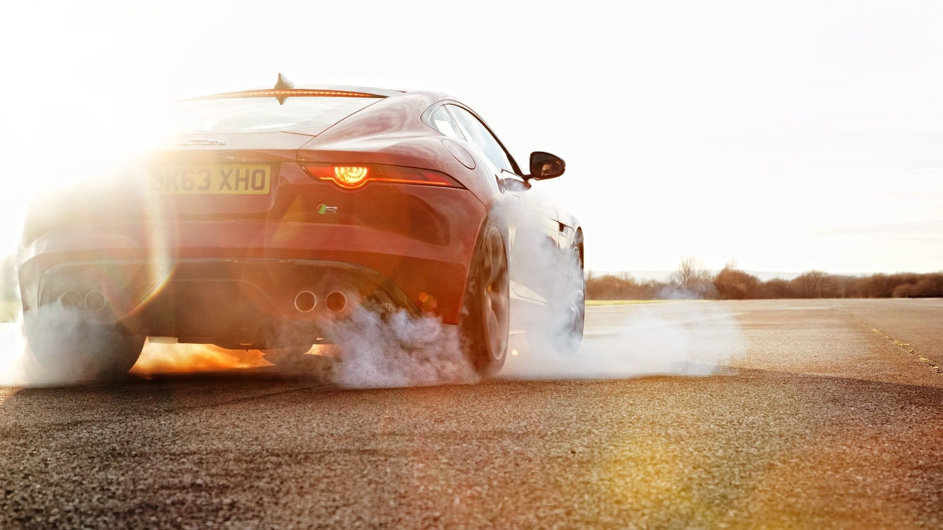 car, sport, sports race, Jaguar (car), sunlight, 1080P, road, Jaguar F-Type, lens flare, racecar, red, Burnout, tire, coupe, nature, motion, land vehicle, HD Wallpaper